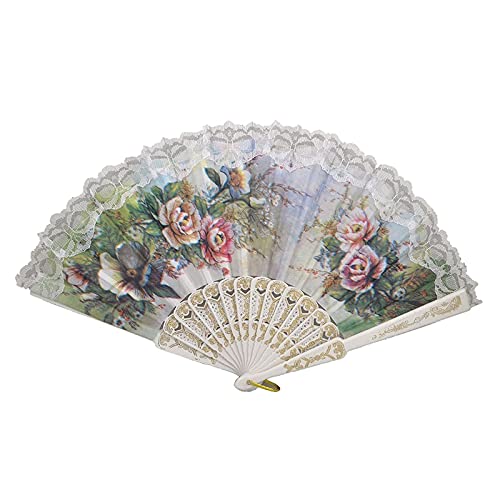 Elegant Hollow Out Peony Print Folding Hand Fan with Lace Trim - Portable Fabric Fan for Women, Wedding, Party & Home Decor (White)