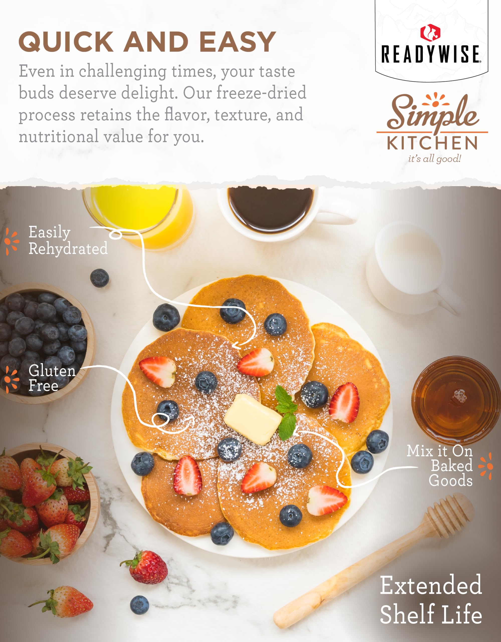 READYWISE Simple Kitchen Pancake Mix - 20 Servings, Emergency Food Supply, Survival Food, Baking Essentials for Breakfast (Pancakes & Waffles) | Perfect for Camping, Emergency Preparedness & Quick Morning Meals