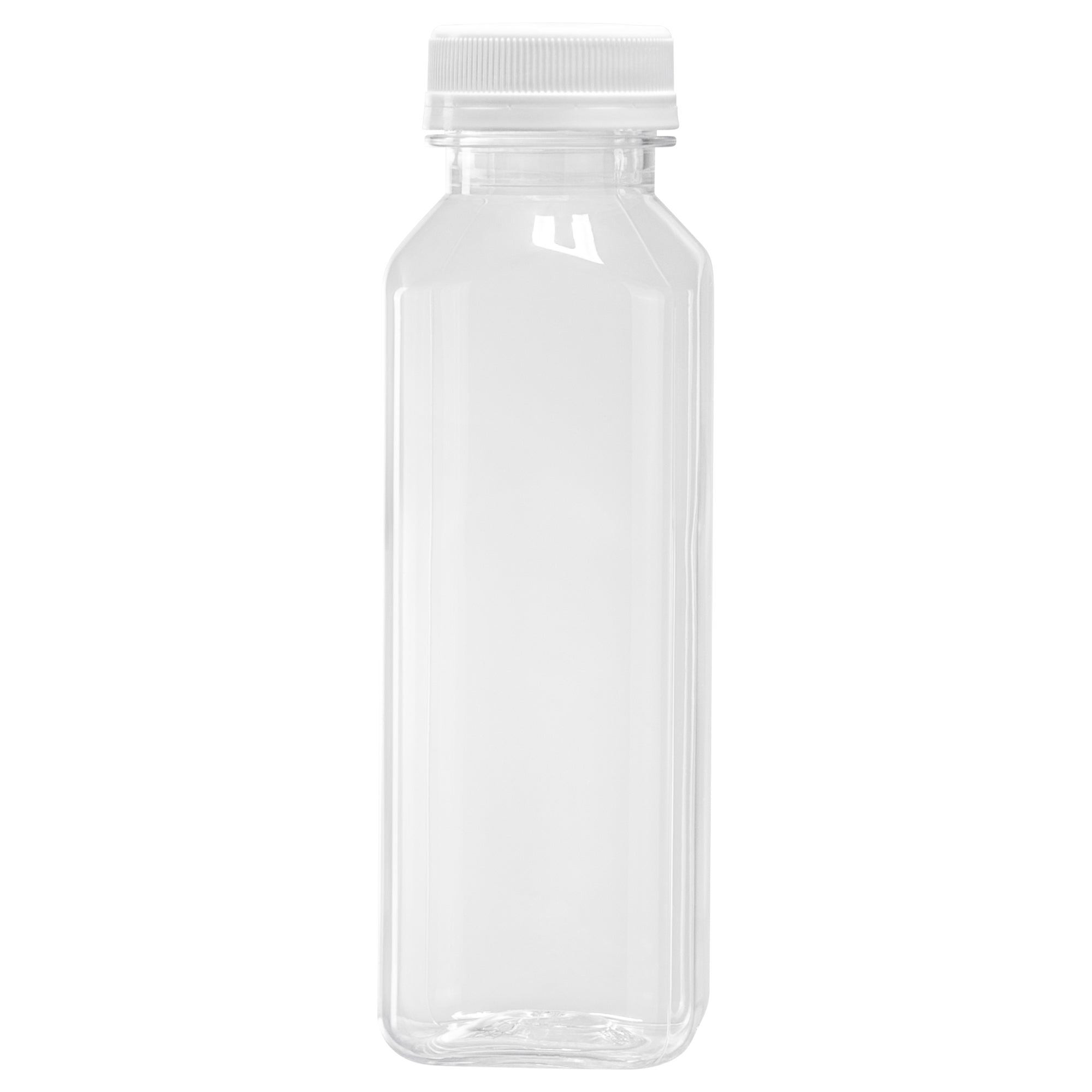 12 oz Square Clear Plastic Cold Pressed Juice Bottles with Safety Cap - 2 x 2 x 6.5 Inches - Pack of 100 - Perfect for Fresh Juices, Smoothies & Meal Prep Storage