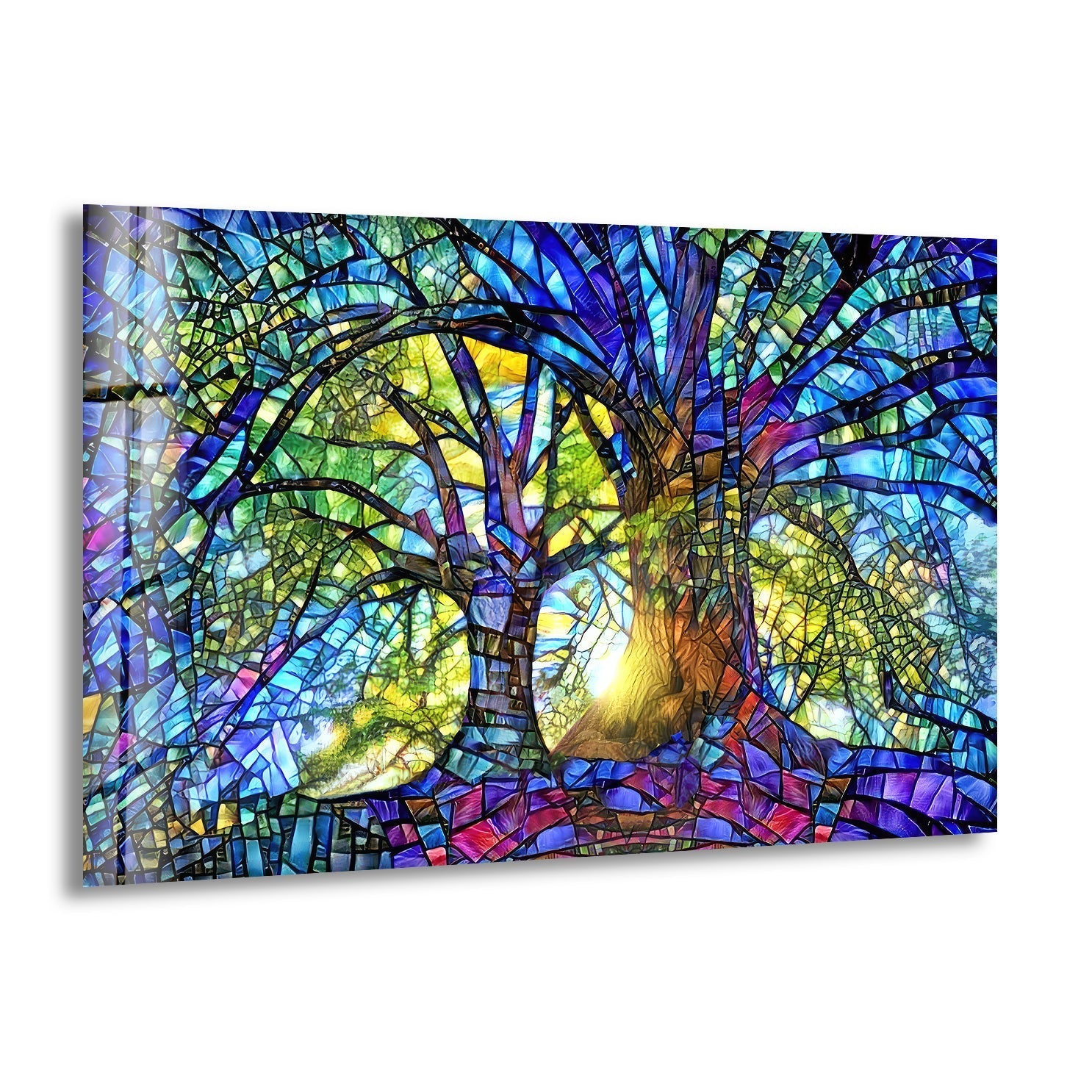 Blue Life of Tree Glass Wall Art - Handmade Stained Glass Window Decor for Home & Office - Perfect for Living Room, Bedroom, or Gift