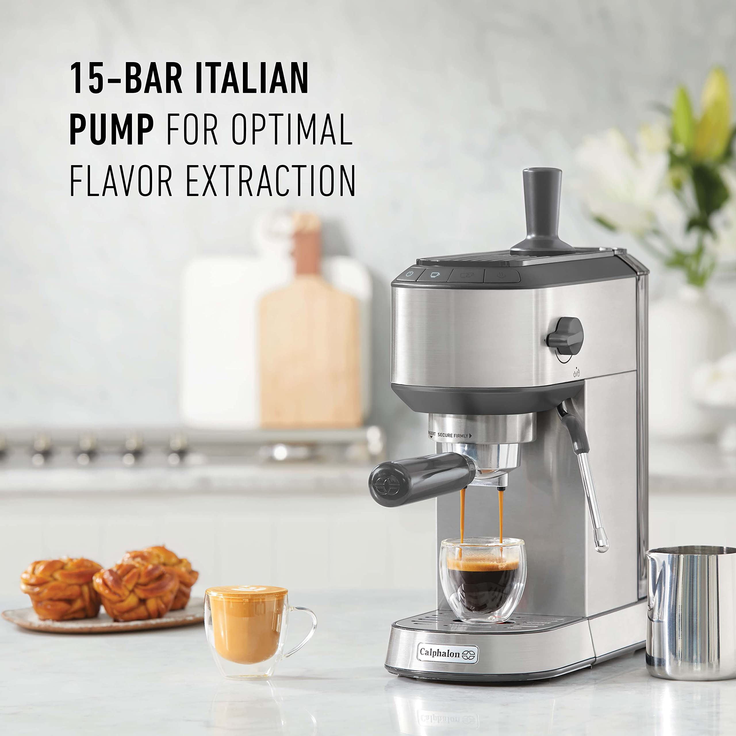 Calphalon Compact Espresso Machine with Milk Frother - Stainless Steel Home Coffee Maker for Latte, Cappuccino & Espresso - Perfect for Small Kitchens & Office Use