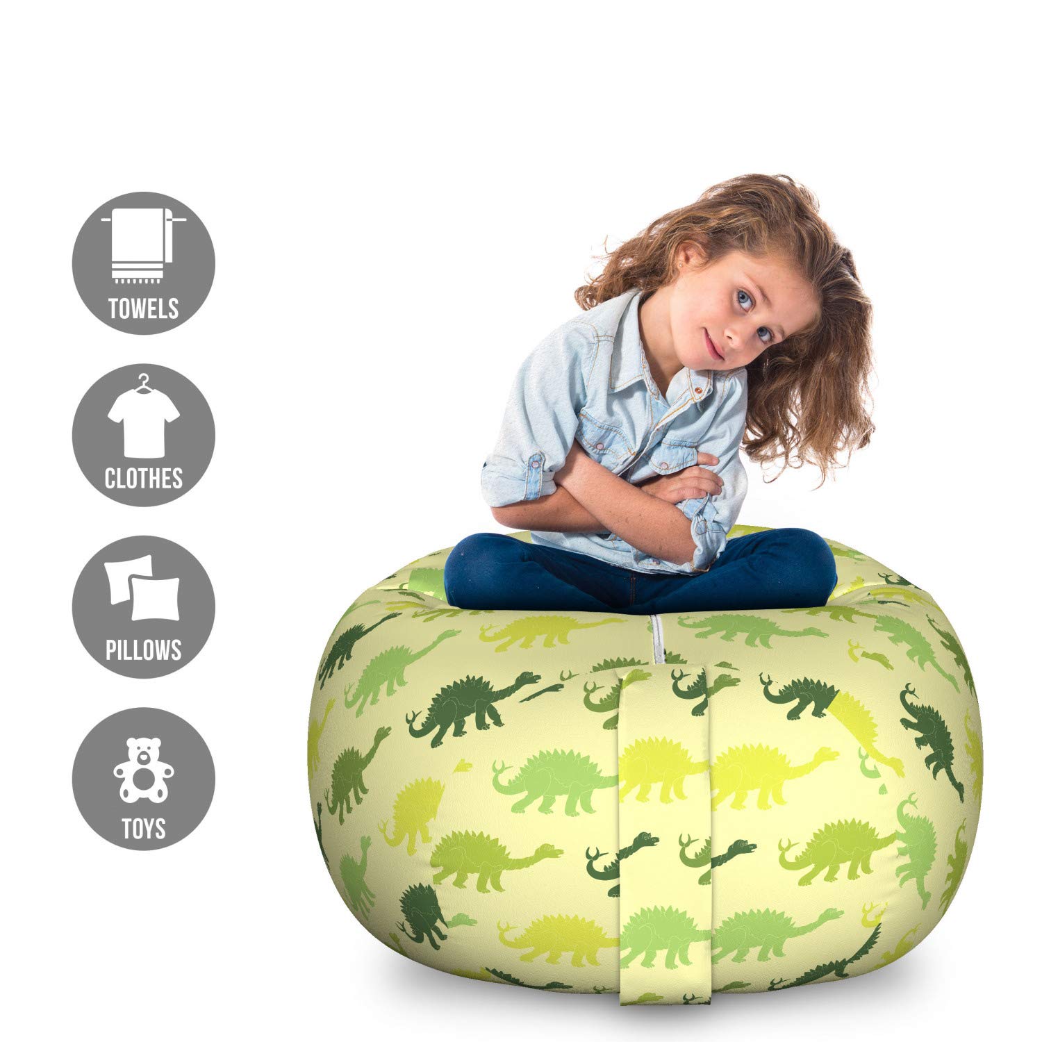Ambesonne Dinosaur Storage Toy Bag Chair - Large Washable Stuffed Animal Organizer with Stegosaurus Pattern in Green Shades | Kids Room Decor, Playroom Storage & Dinosaur Themed Bedroom Accessory