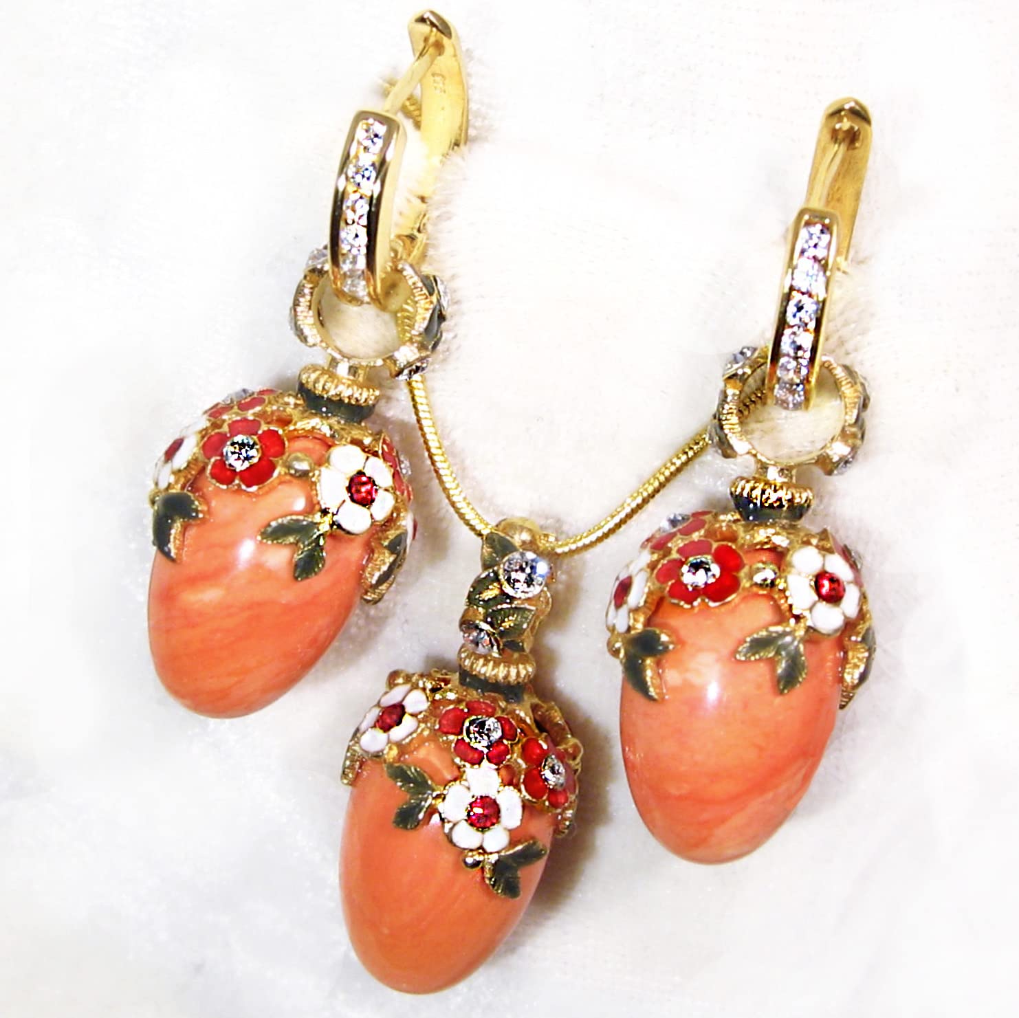 925 Sterling Silver Coral & White Red Enamel Flower Egg Earrings with Cubic Zirconia Crystals - Elegant Hoop Earrings for Women, Perfect for Weddings, Parties & Everyday Wear