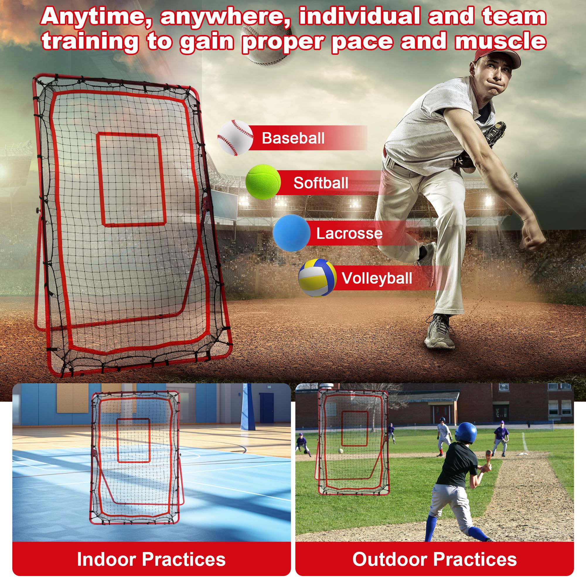 6ft x 4ft Multi-Purpose Sports Rebounder Net for Baseball, Softball, Volleyball, Lacrosse & Tennis Training - Durable Red Practice Net for Backyard, Field & Gym Use