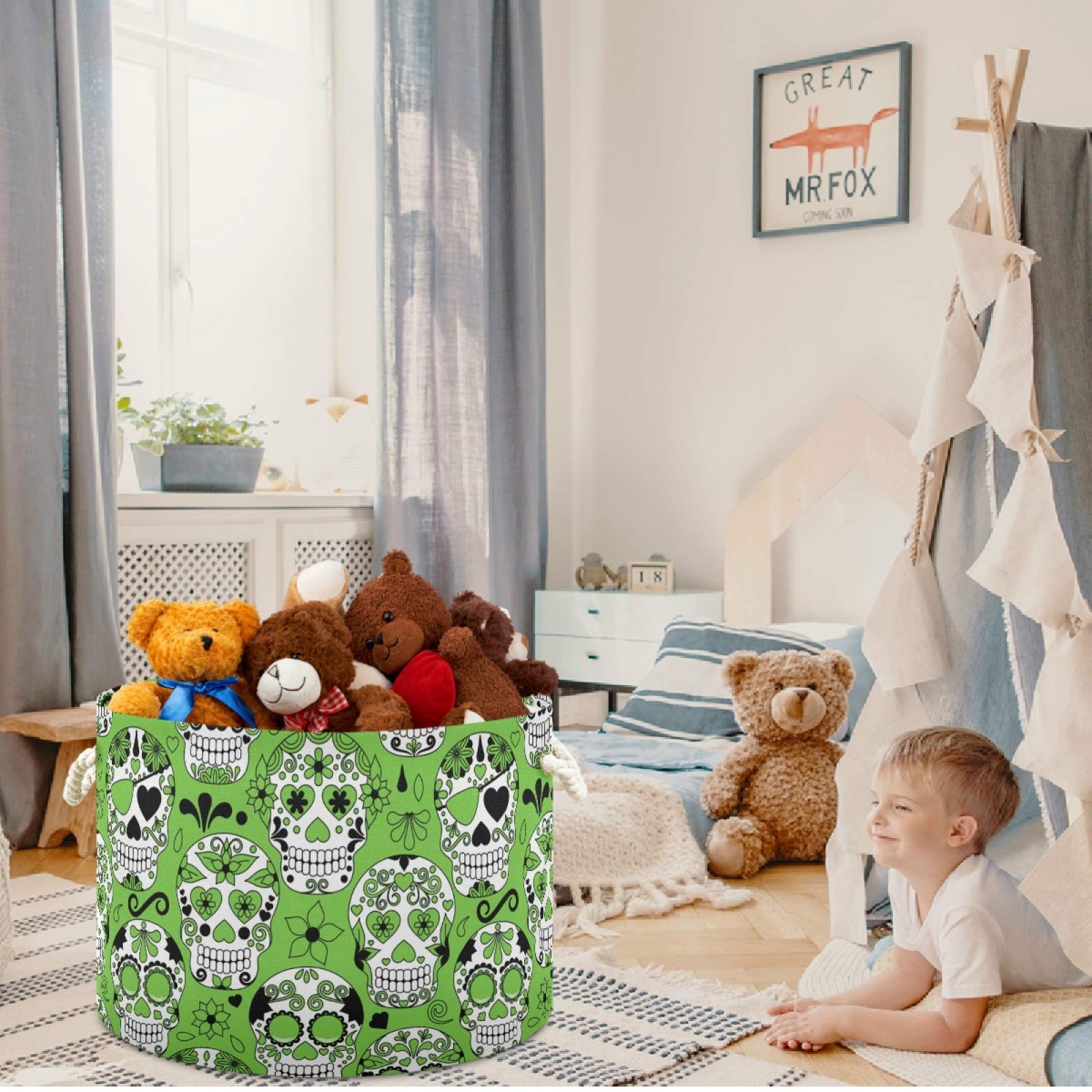 Visesunny Green Sugar Skull Canvas Storage Basket - Nursery Hamper, Toy Organizer Bin, Laundry Basket for Kids Room, Playroom, Shelves - Perfect for Organizing Toys, Clothes & Gifts