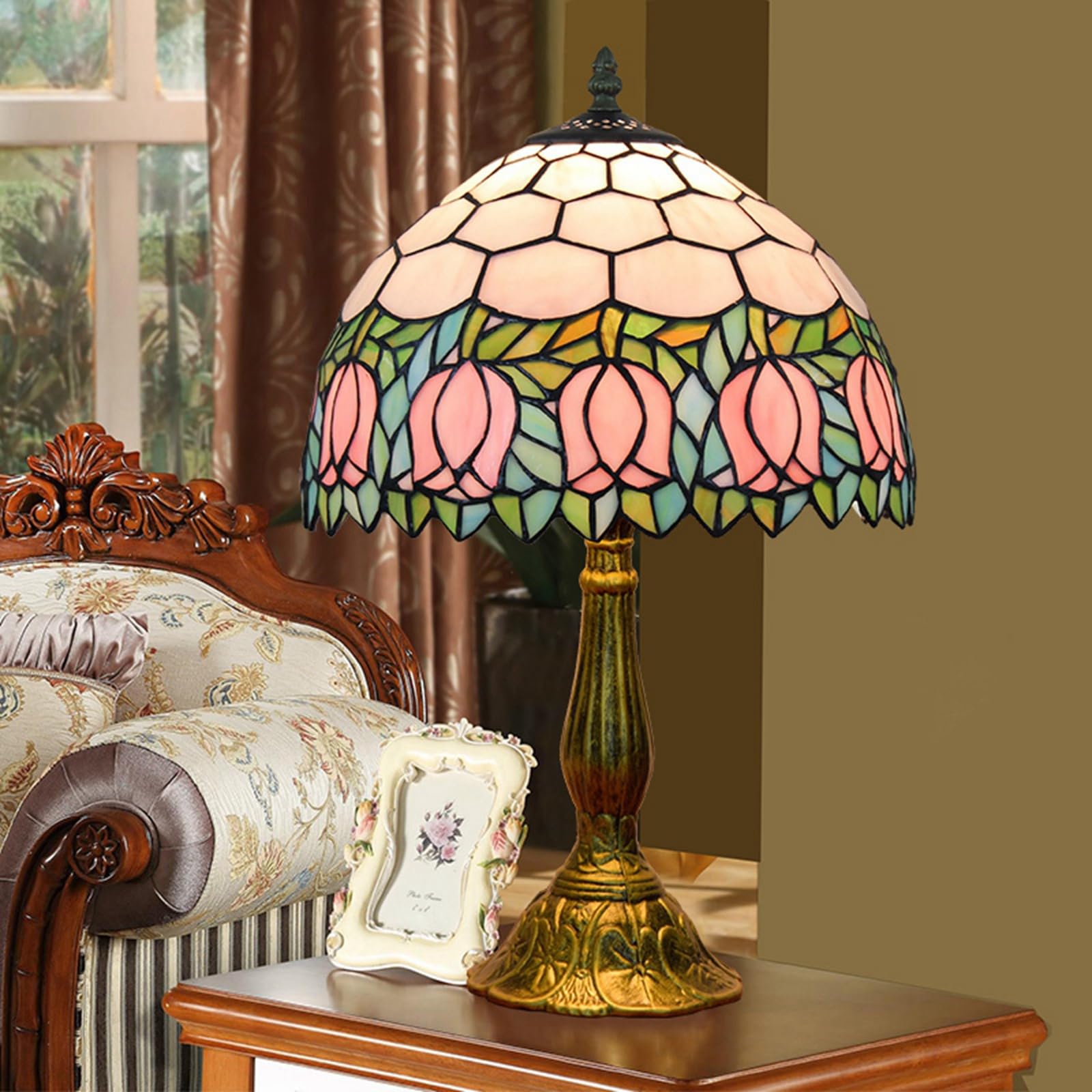Tiffany Style Stained Glass Table Lamp - Pink Tulip Design for Bedroom, Living Room, Office & Dorm | 12x12x18 Inch with Bulb Included | Perfect for Reading, Decor & Housewarming Gifts