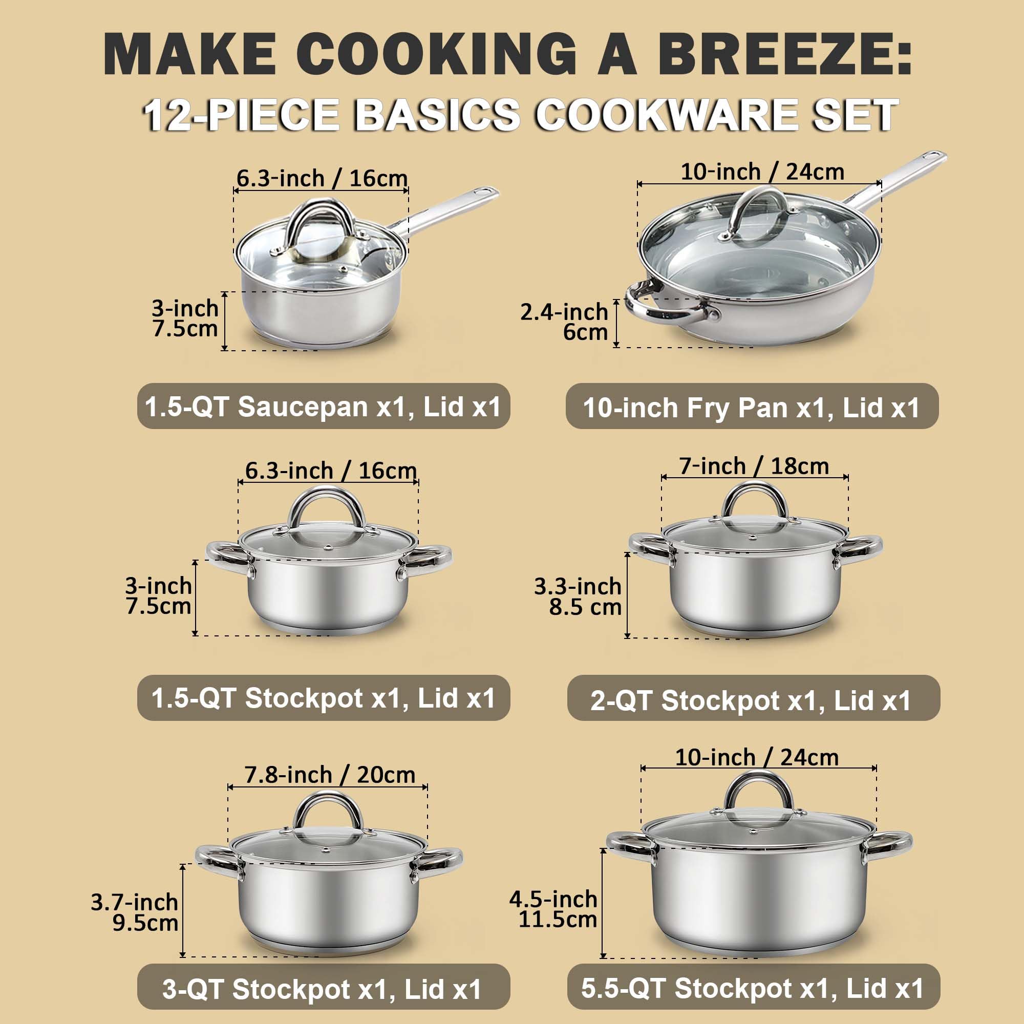 Cook N Home 12-Piece Stainless Steel Cookware Set - Premium Pots & Pans for Professional Cooking | Perfect for Home Chefs, College Dorms & RV Kitchens
