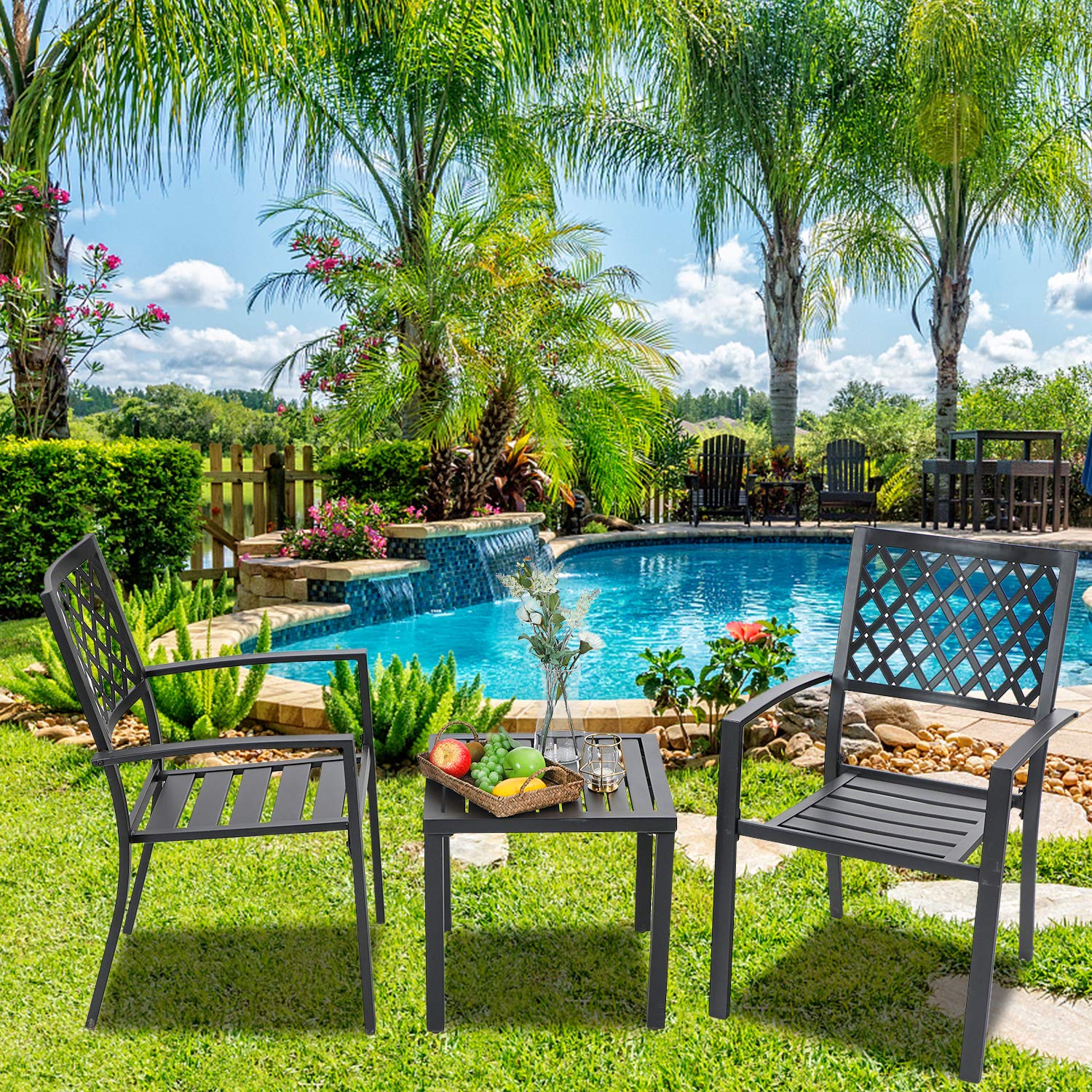 MFSTUDIO 3-Piece Black Metal Patio Bistro Set - Outdoor Dining Furniture with 2 Wrought Iron Chairs & Coffee Table - Perfect for Garden, Balcony, Backyard, and Poolside Relaxation