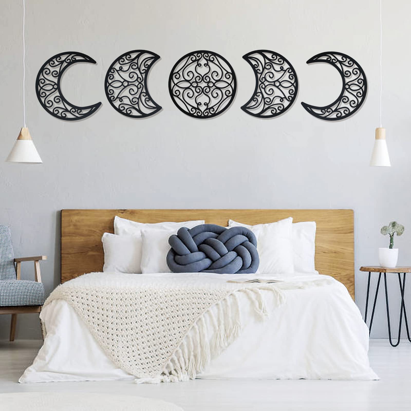 Bohemian Moon Phase Wall Decor - 5 Pack Wooden Moon Decor for Bedroom & Living Room - Black Above Bed Wall Art with Flower of Life Design | Perfect for Home Decor, Meditation Spaces & Gift Giving