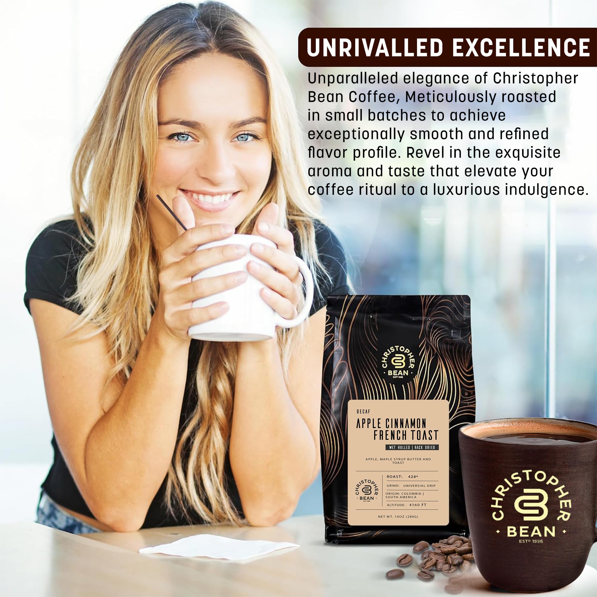 Premium Christopher Decaf Ground Coffee - Apple Cinnamon French Toast Flavored, 100% Arabica, Medium Roast | Sugar-Free, Non-GMO, No Fats | Perfect for Relaxing After Dinner, Morning Brew, or Office Break | 10-Ounce Bag