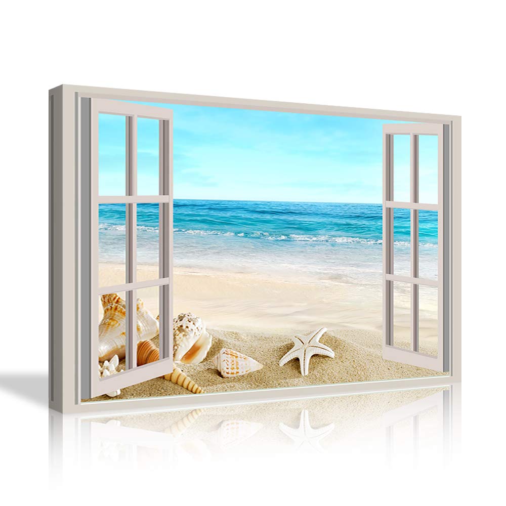 Premium Canvas Wall Art - Framed Seashell Seascape Giclee Painting for Living Room Decor | Coastal Beach Theme Home Wall Decorations | Perfect for Beach House, Bedroom & Office Wall Art