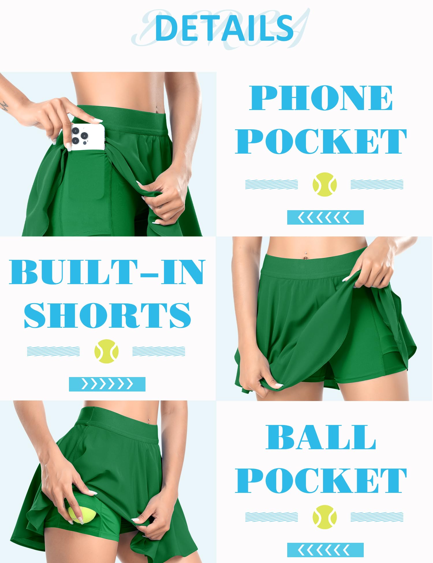 DERCA Women's High Waisted Pleated Tennis Skirt with Built-in Shorts & Pockets - Breathable Athletic Skort for Running, Golf, Workout & Casual Wear