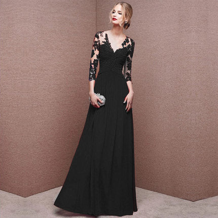 Elegant A-Line Lace Long Sleeve Prom Dress with V-Neck for Formal Evening Events - Perfect for Homecoming, Wedding Guest, and Black Tie Occasions