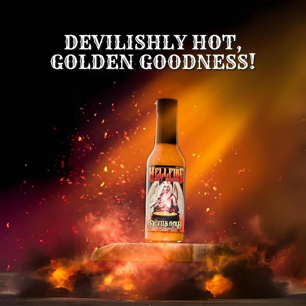 Hellfire Devil's Gold Hot Sauce - Award-Winning Gourmet Hot Sauce with Yellow Super Hot Peppers & Exotic Fruits - Sweet & Spicy Blend - 5 oz Bottle - Perfect for Wings, Tacos, Burgers & BBQ