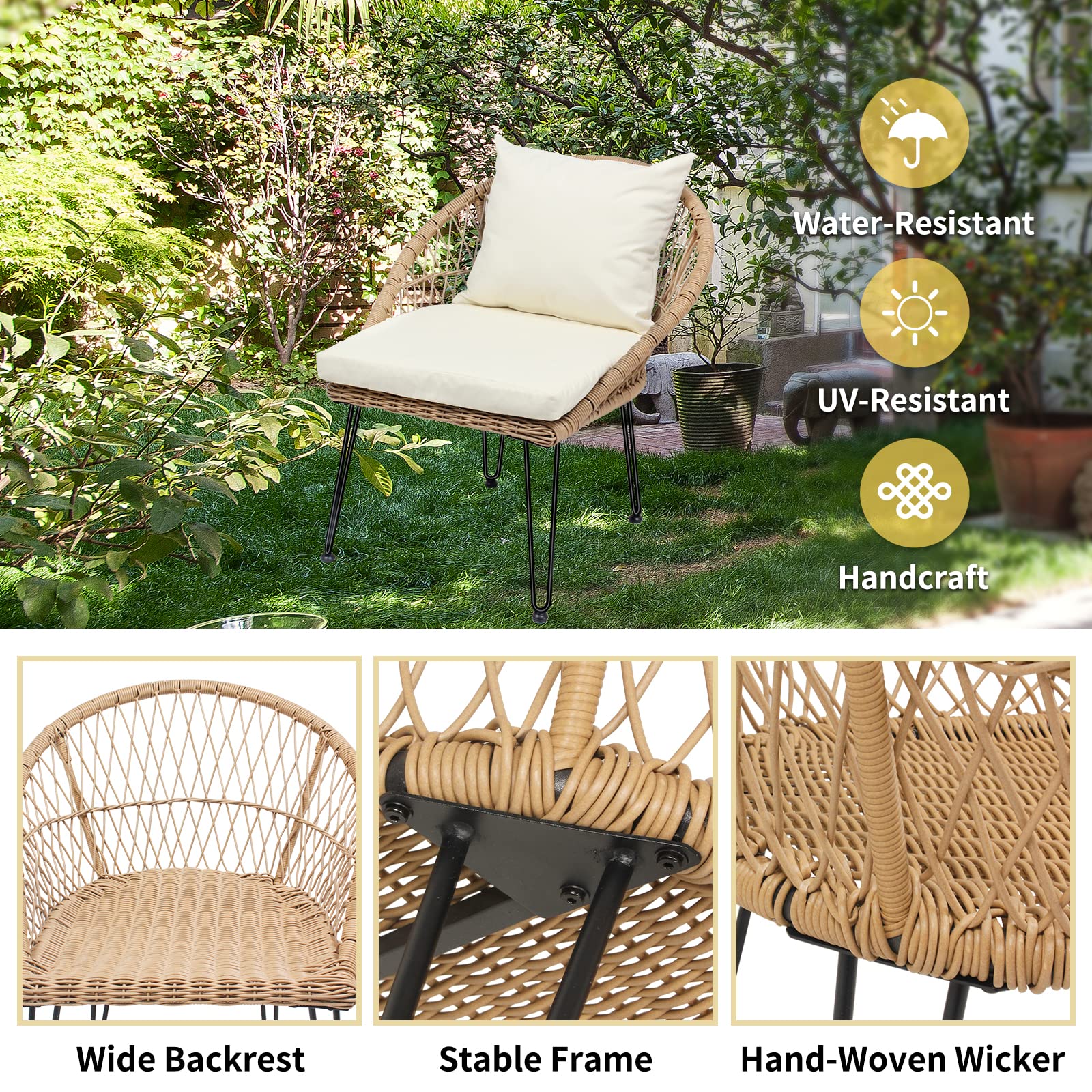 3-Piece Patio Bistro Set - Outdoor Wicker Conversation Set with Side Table & Cushions, Rattan Woven Rope Table Set - Perfect for Garden, Balcony, Porch, Deck & Poolside (Beige) - Ideal for Relaxing, Entertaining & Outdoor Dining