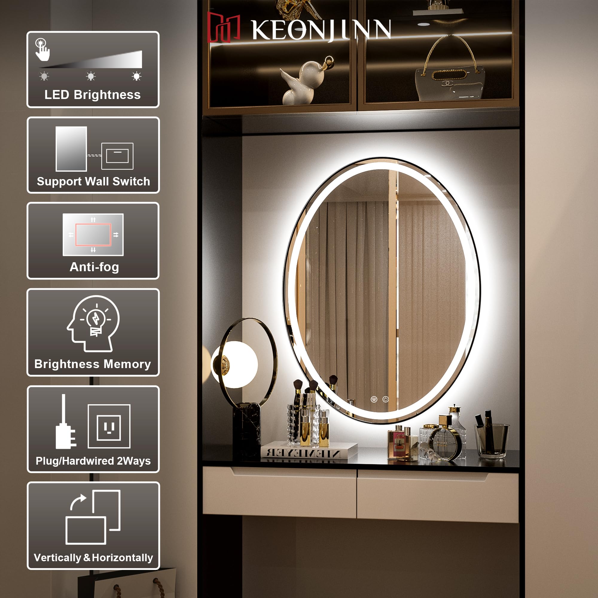 Keonjinn 24 x 32 Inch Oval LED Bathroom Mirror with Anti-Fog & Shatter-Proof Design, Frontlit Vanity Mirror with CRI 90+ Lighting - Perfect for Makeup, Shaving & Home Decor
