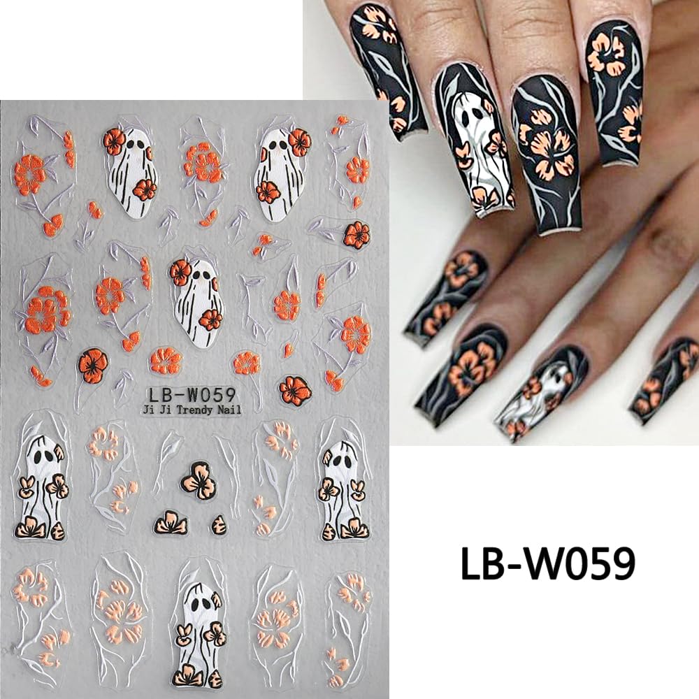 Halloween Nail Stickers - 5D Embossed Ghost & Skull Floral Nail Decals - Self-Adhesive Nail Art Supplies for Women & Kids - 2PCS - Perfect for Halloween Parties, Costume Nails & Spooky Manicure Decorations