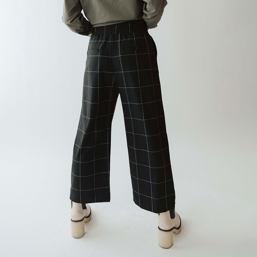 Audrey Wide Leg Pants for Women - Black Windowpane Check Pattern High Waist Trousers | Office Work, Business Casual & Evening Outfits