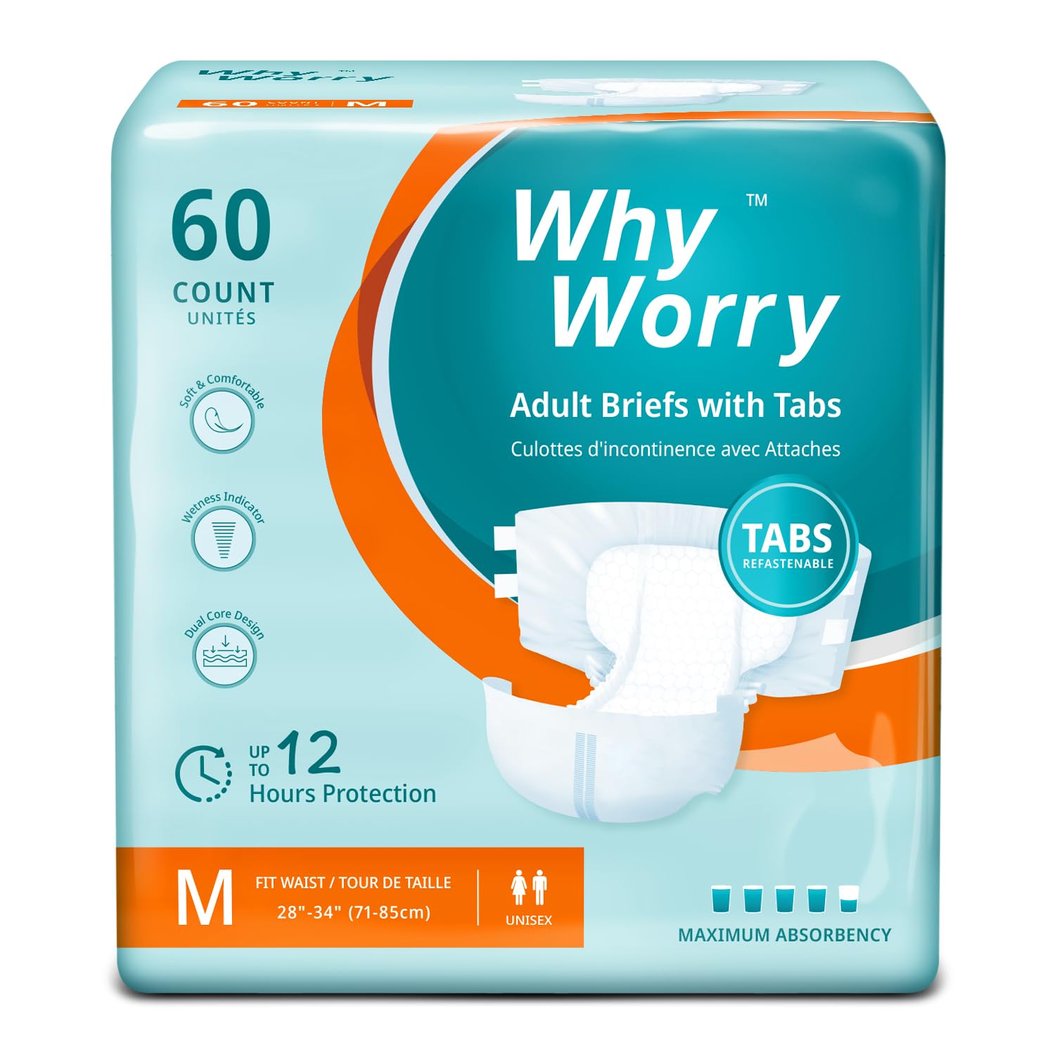 Premium Adult Diapers with Tabs - Super Absorbent Disposable Incontinence Briefs for Women & Men | Overnight Protection, Odor Control | Unisex Medium Size (60 Count - 4 Packs of 15) | Ideal for Home Care, Hospital Use & Travel Convenience