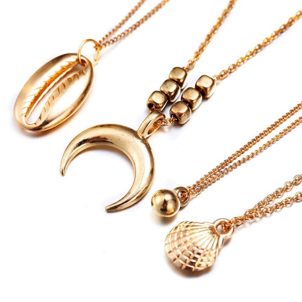 Boho Multi-Layer Cowrie Shell Necklace with Moon & Metal Ball Charms - Women's Layered Pendant Jewelry for Beach, Summer & Festival Fashion Accessories