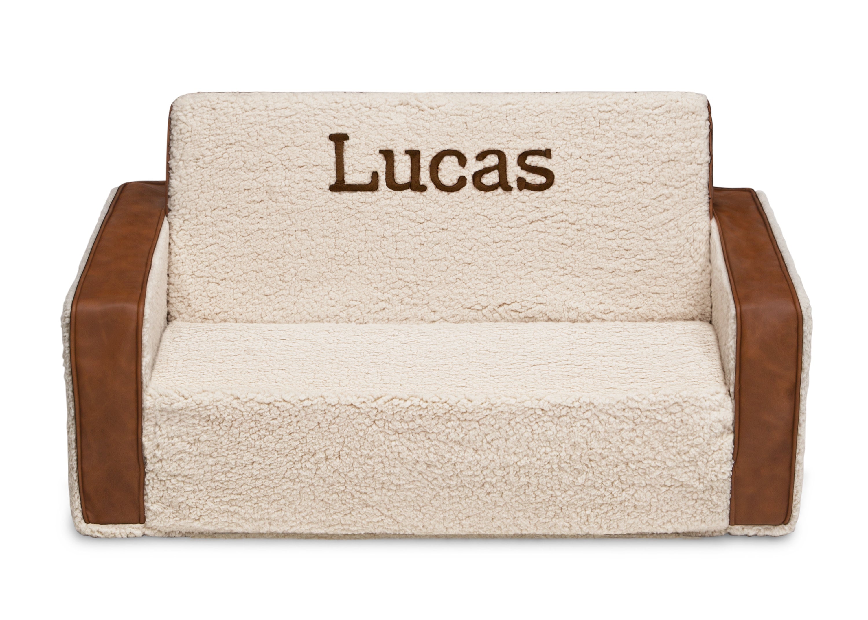 Personalized Cozee Flip Out Sherpa & Leather 2-in-1 Convertible Sofa to Lounger for Kids - Perfect for Playrooms, Bedrooms, and Cozy Reading Nooks