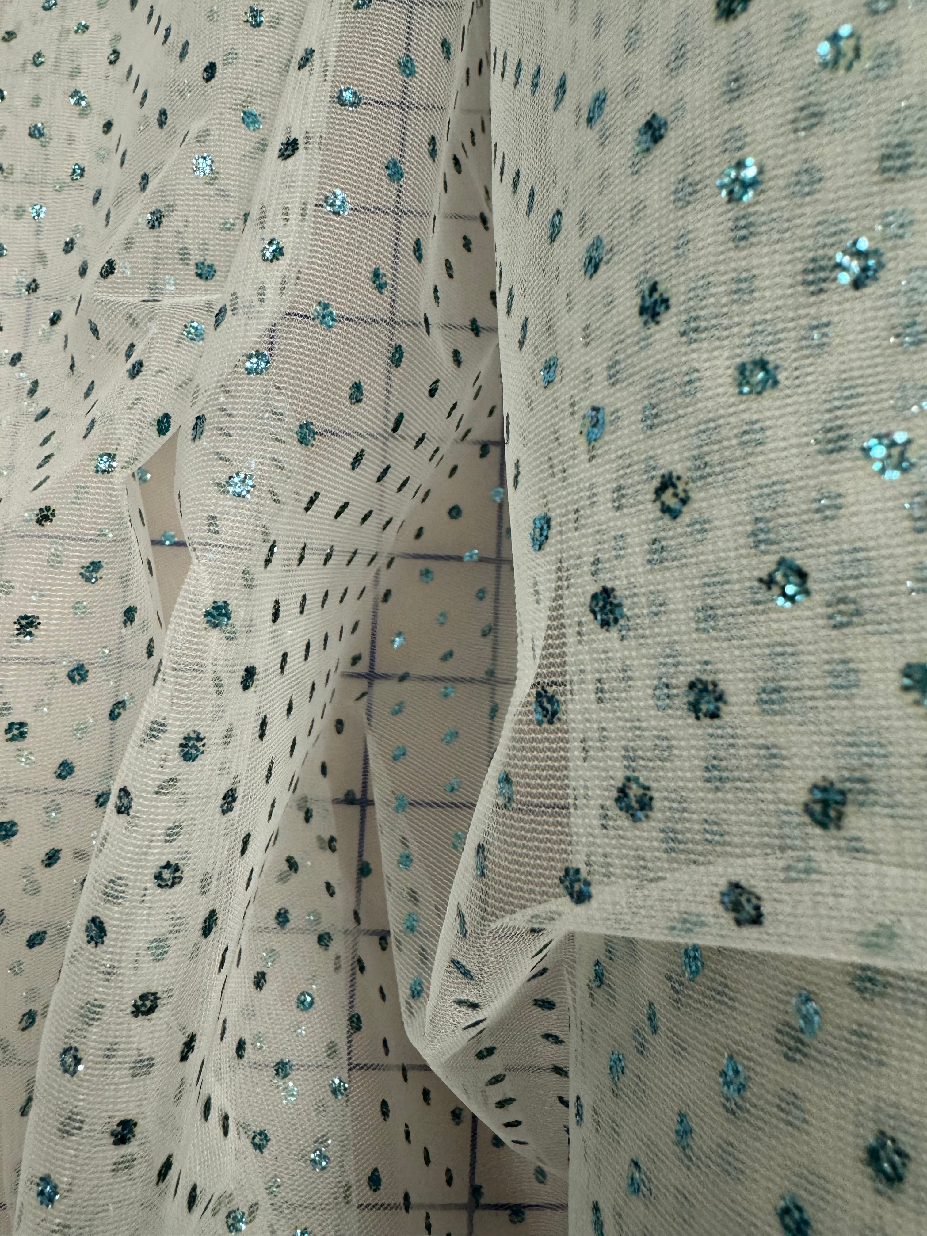 60 Inch Wide Soft White Organza Fabric with Aquamarine Sparkle Dots - Perfect for Wedding Decorations, Party Backdrops & DIY Craft Projects