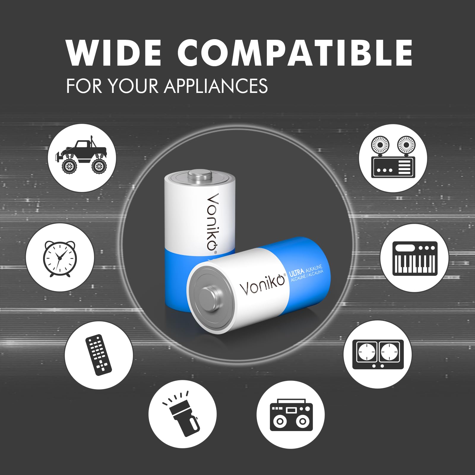 Voniko Ultra Alkaline C Batteries 12 Pack - 10-Year Shelf Life, 6-9X Power vs Carbon Batteries | LR14 C Size 1.5V Batteries for Flashlights, Toys, Clocks & Emergency Supplies