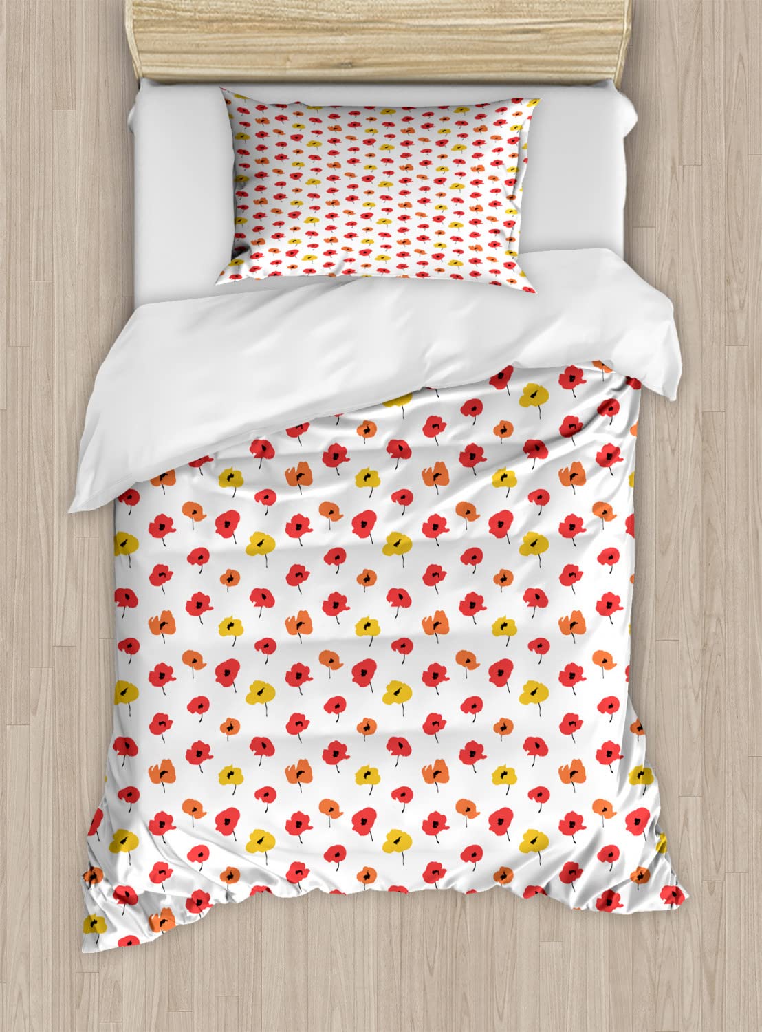 Ambesonne Floral Duvet Cover Set - Modern Abstract Poppy Flower Design with Brush Stroke Effect, Twin Size 2-Piece Bedding Set (Includes 2 Duvet Covers & 2 Pillowcases) - Vibrant Multicolor Summer Theme for Bedroom Decor & Guest Room Styling