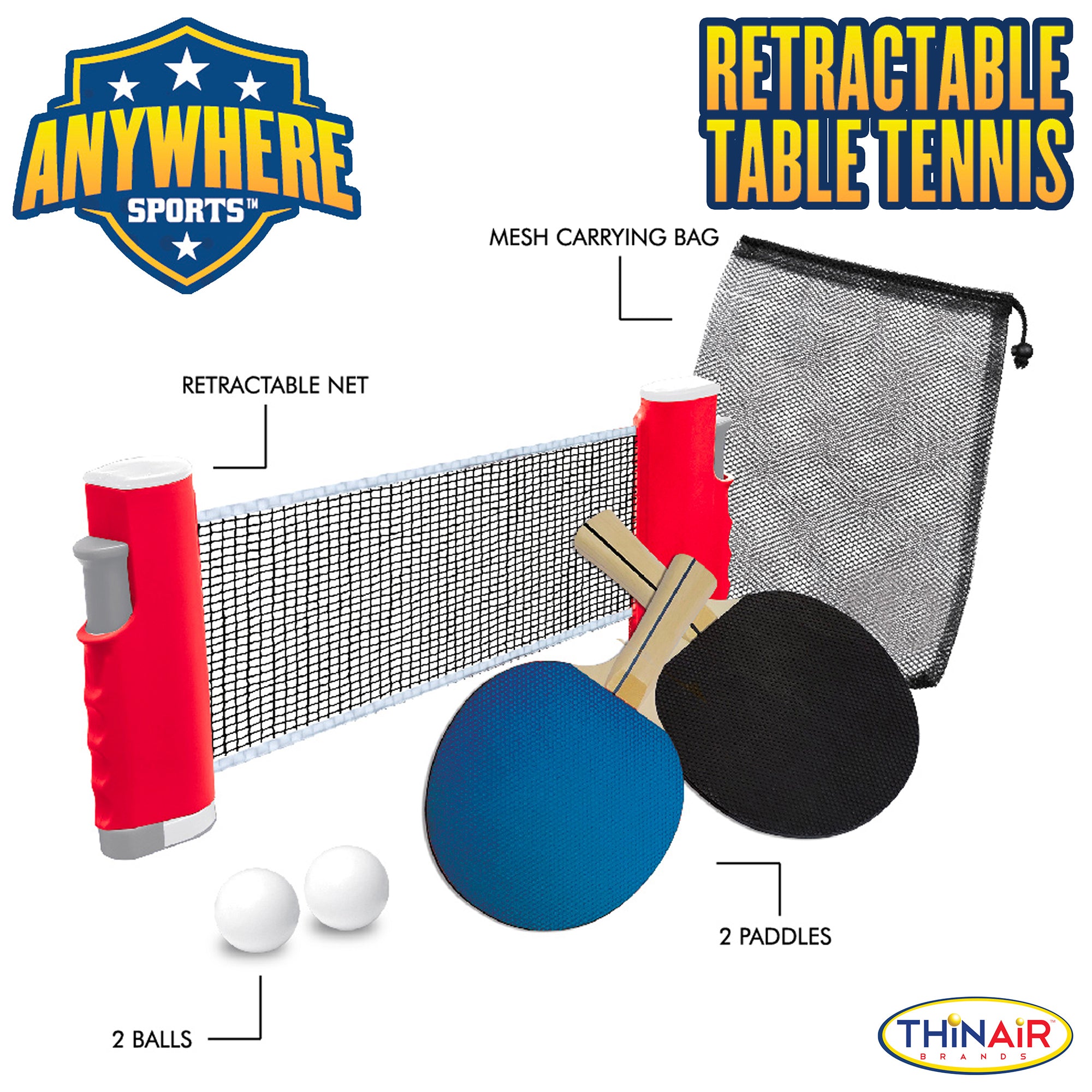 Portable Table Tennis Set with Retractable Net - Anywhere Sports | Indoor & Outdoor Ping Pong Game for Family Fun, Backyard, Camping & Office Break