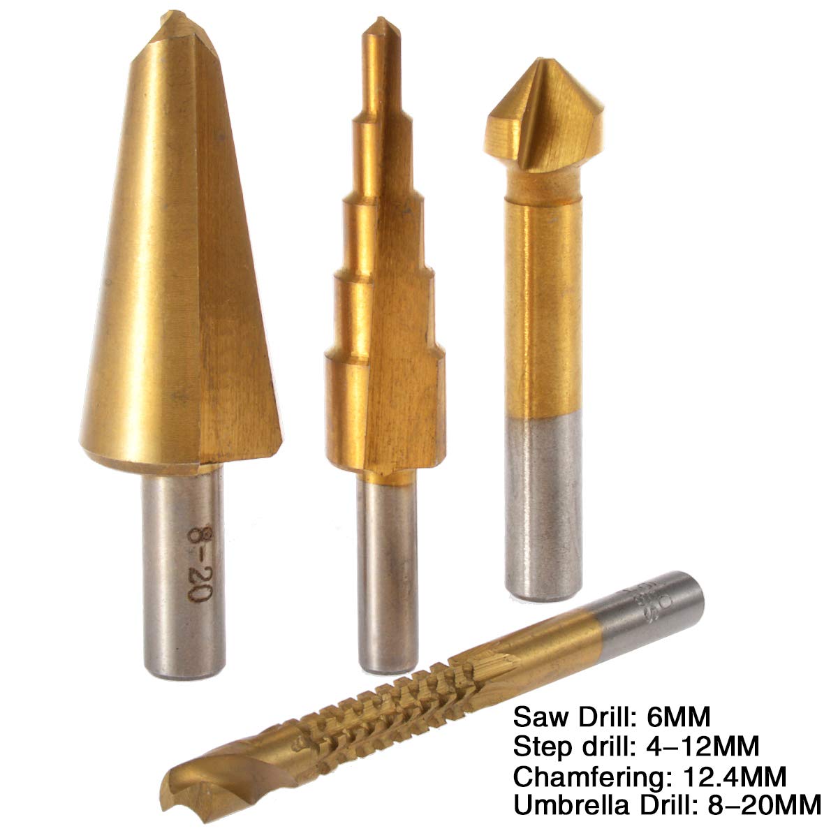 KATUR 4Pcs HSS Titanium Coated Drill Bit Set - 6mm Saw Twist, 4-12mm Step, 8-20mm Umbrella, 12.4mm Chamfering End Mill Cutter (Round Shank) for Metal, Wood, Plastic Drilling | DIY Projects & Professional Use