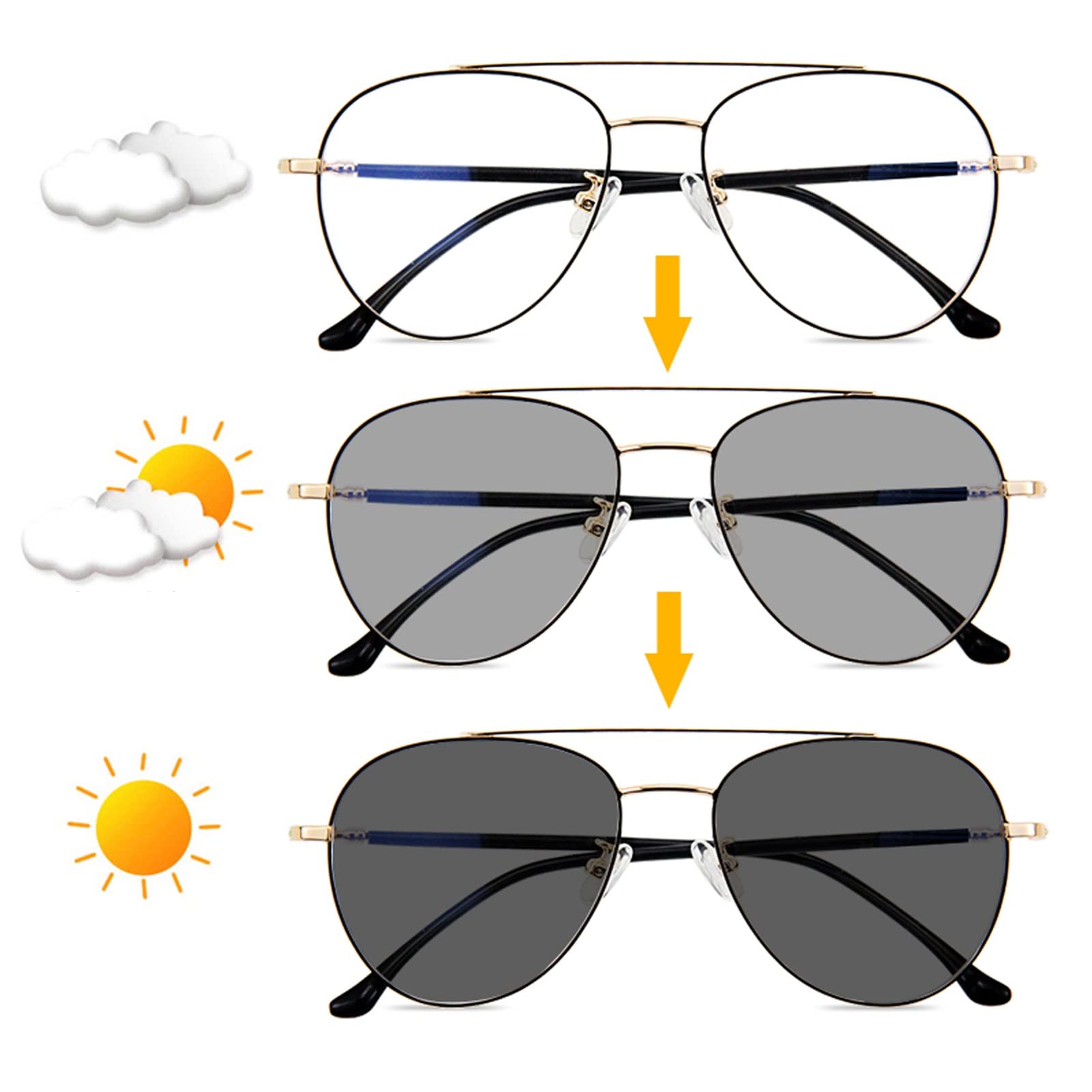 Photochromic Aviator Sunglasses for Men - Stylish Progressive Multifocal Reading Glasses with Large Metal Frame (Gold) - Perfect for Driving, Reading & Outdoor Activities