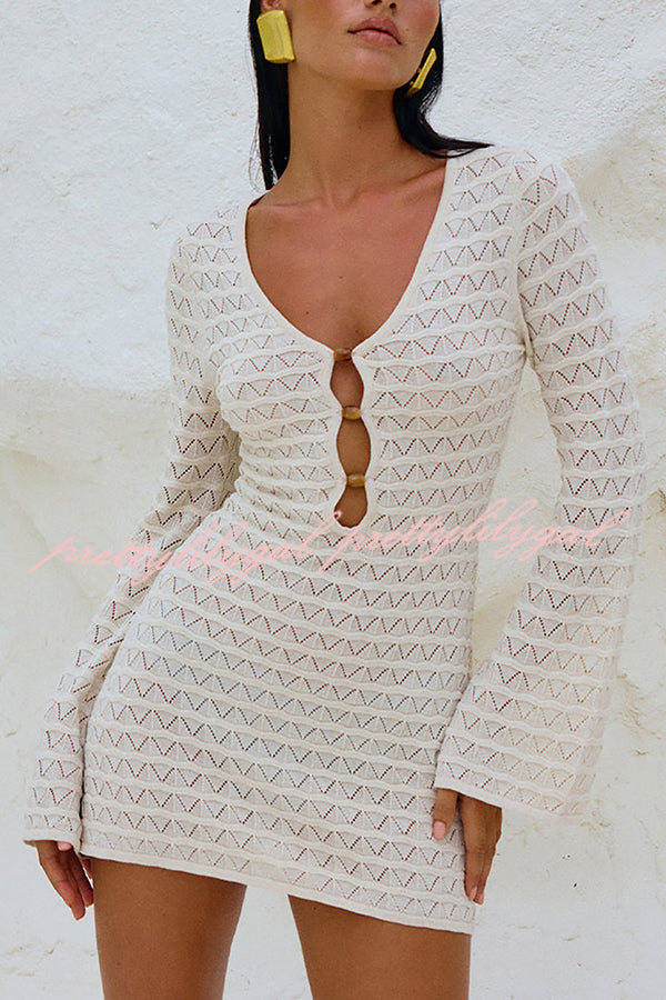 Solid Color Long Sleeve V-Neck Beach Cover Up Mini Dress - Perfect for Summer Vacations, Pool Parties & Resort Wear