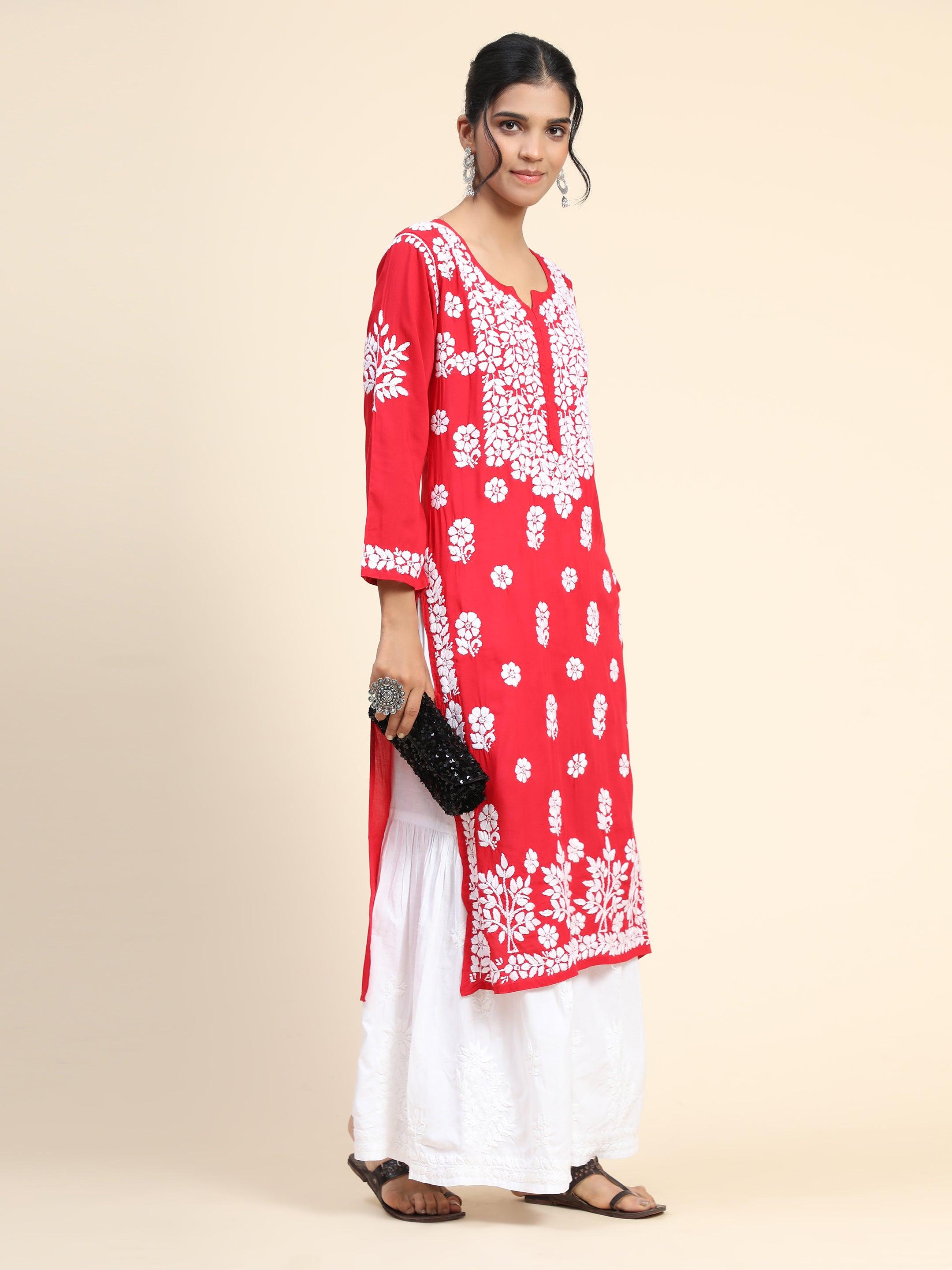 Samma Premium Hand Embroidery Chikankari Kurta in Soft Modal Cotton - Red Ethnic Indian Tunic for Women | Perfect for Festivals, Weddings & Casual Wear
