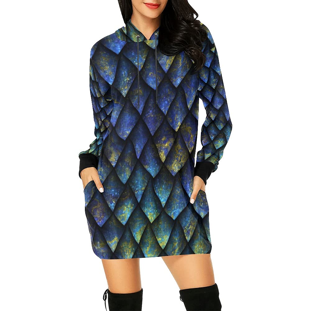 Dragon Scale Hoodie Dress for Women - Long Sleeve Pullover with Drawstring Hood | Cozy Streetwear & Loungewear for Casual Outings