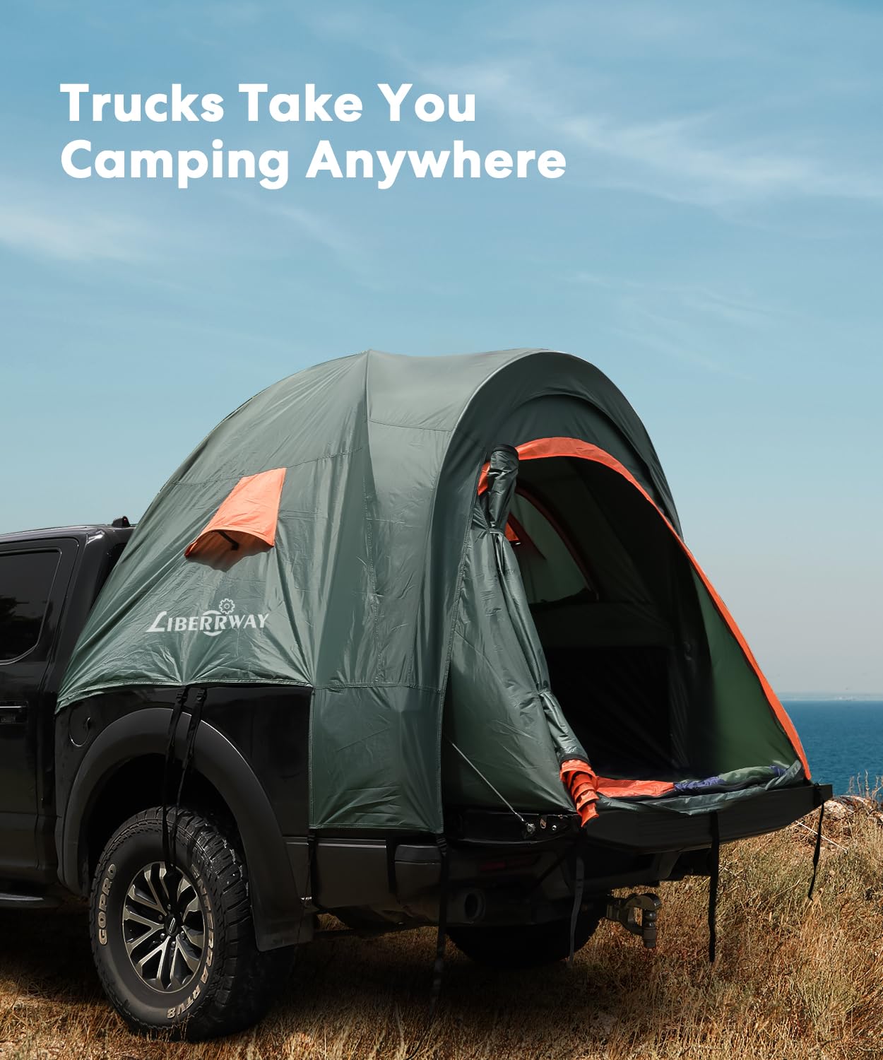 LIBERRWAY 6-6.5 FT Truck Bed Tent - Waterproof PU2000mm Double Layer with Rainfly - 2-Person Pickup Truck Tent for Camping, Outdoor Adventures & Road Trips (Green)
