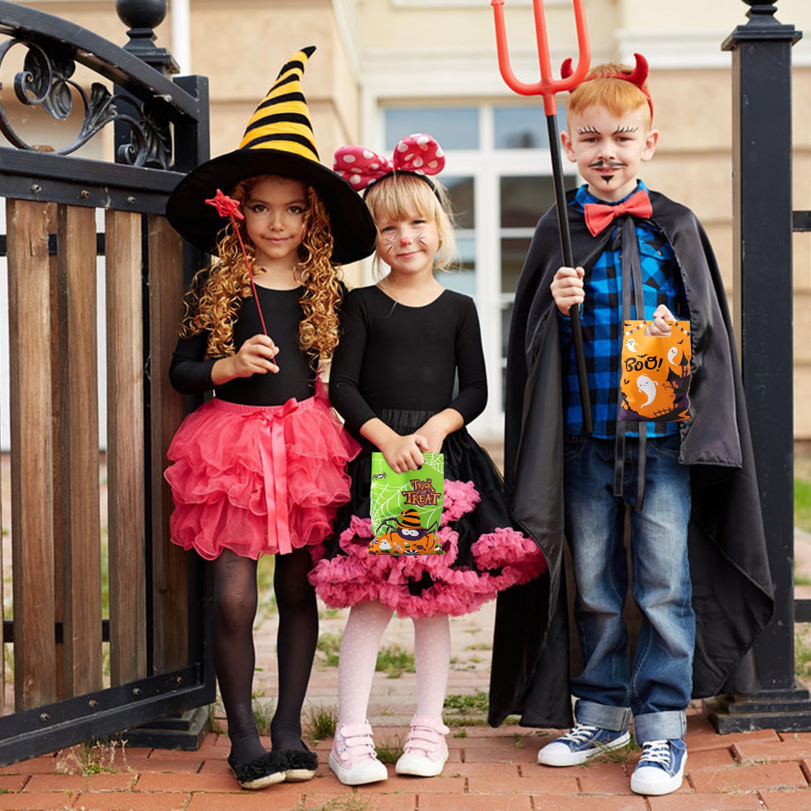 Jocomoni 100Pcs Halloween Goodie Bags with Handles - Plastic Trick or Treat Candy Bags for Halloween Party Favors & Supplies - Perfect for Classroom Treats, Neighborhood Trick-or-Treating & Halloween Events