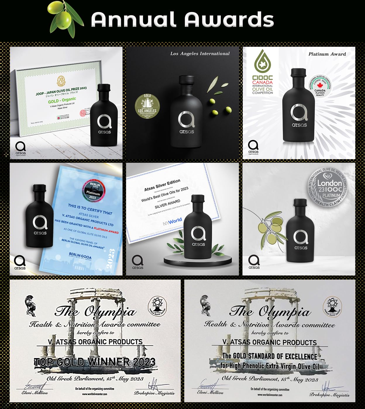 ATSAS Organic Extra Virgin Olive Oil - High Phenolic Award-Winning EVOO - Gold & Silver Limited Edition - Fresh 2024 Harvest - Antioxidant-Rich for Cooking, Salads & Healthy Lifestyle - Pack of 2 Bottles