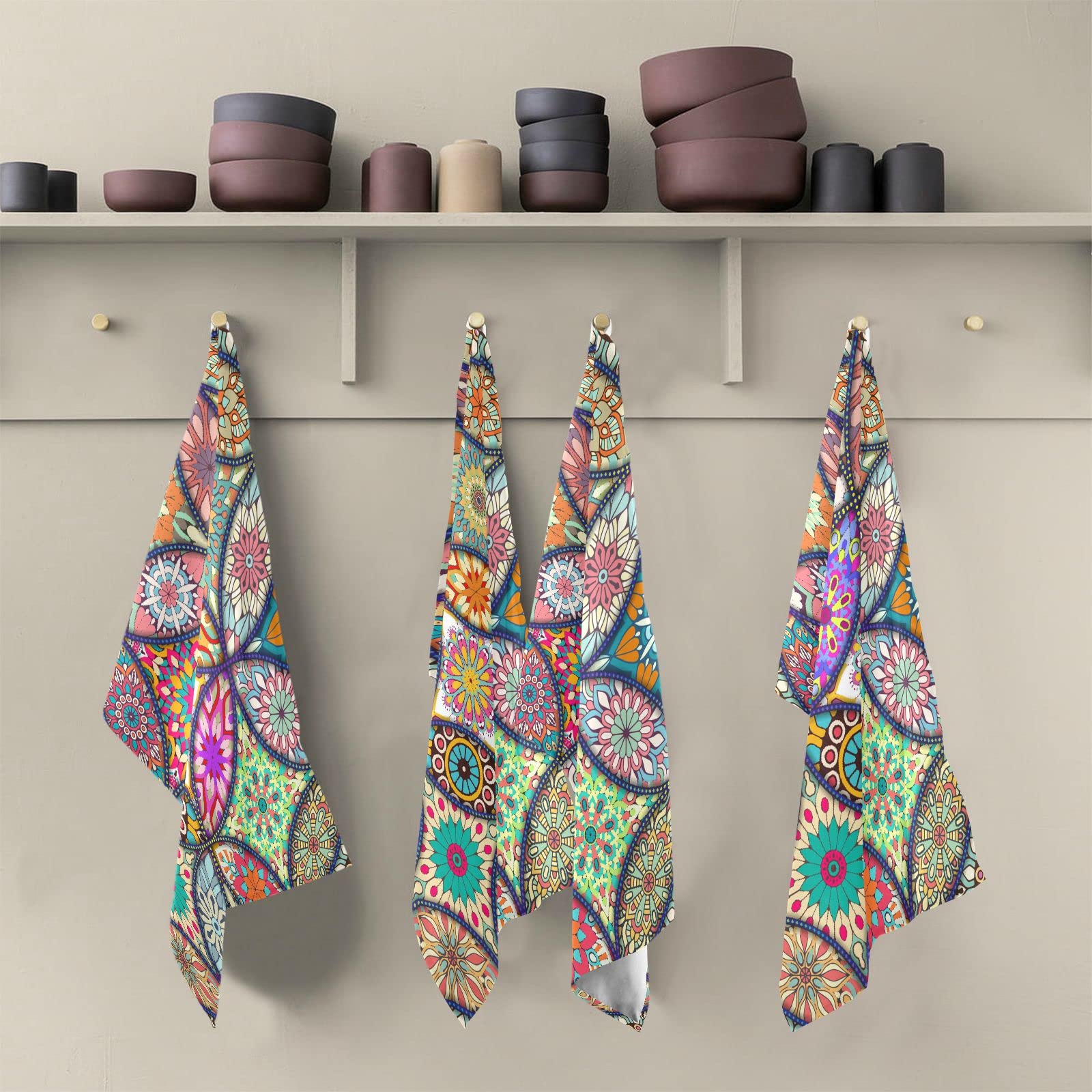 4Pcs Boho Mandala Printed Kitchen Dish Towels Set - Fast Absorbing & Quick Drying Cotton Dishcloths for Cooking, Baking, Cleaning & Drying Dishes - Perfect Housewarming Gift for Kitchen, Dining & Tea Time
