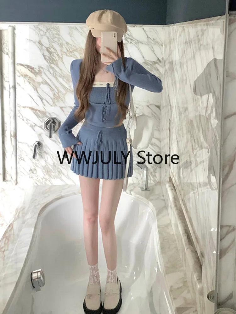 Grey Knitted Suit Set for Women | Y2K Crop Top Sweater & Slim Mini Skirt | Korean Fashion 3-Piece Outfit | Elegant Party Wear | Autumn 2024 Trendy Chic | Perfect for Date Night, Club Outings & Fall Fashion