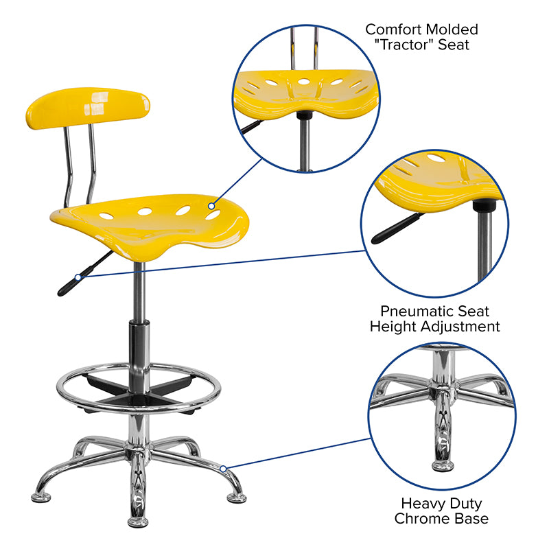 FLASH Bradley Vibrant Violet and Chrome Drafting Stool with Tractor Seat - Adjustable Height Bar Stool for Home Office, Art Studio & Industrial Workspaces