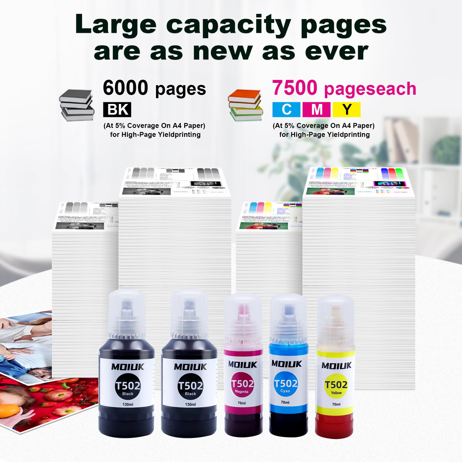5 Pack T502 Ink Refill Bottles for Epson EcoTank 502/ET Series - Compatible with ET-2760, ET-4760, ET-2750, ET-3760, ET-2850, ET-15000, ST-4000, ST-2000 Printers (2 Black, 1 Cyan, 1 Magenta, 1 Yellow) - Ideal for Home & Office Printing, Photo Printing, Document Printing