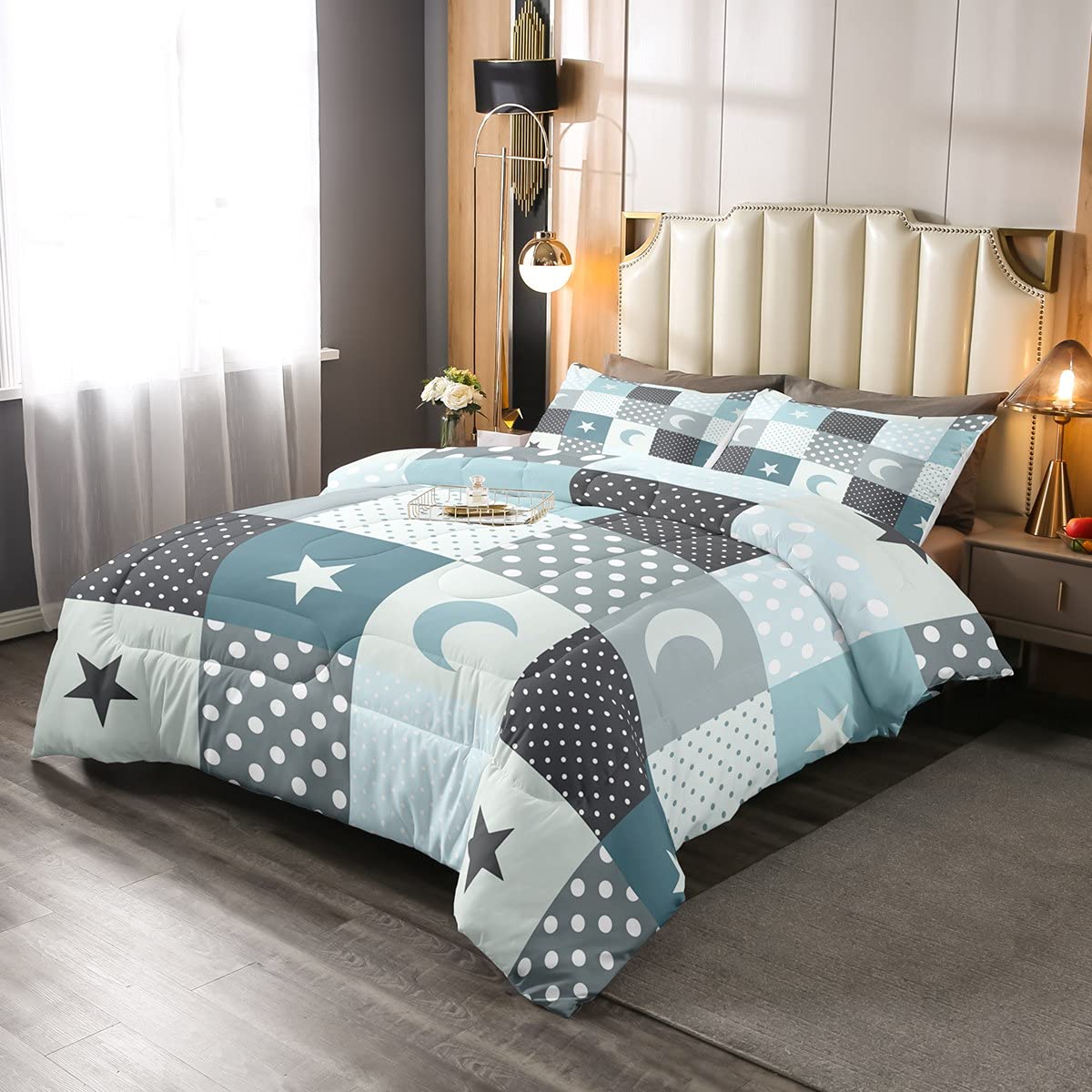 Vintage Mid-Century Moon and Stars Comforter Set - White Dots Checker Design Microfiber Bedding - Twin Size Geometric Quilt for Modern Bedroom Decor | Perfect for Boho, Retro & Teen Room Themes