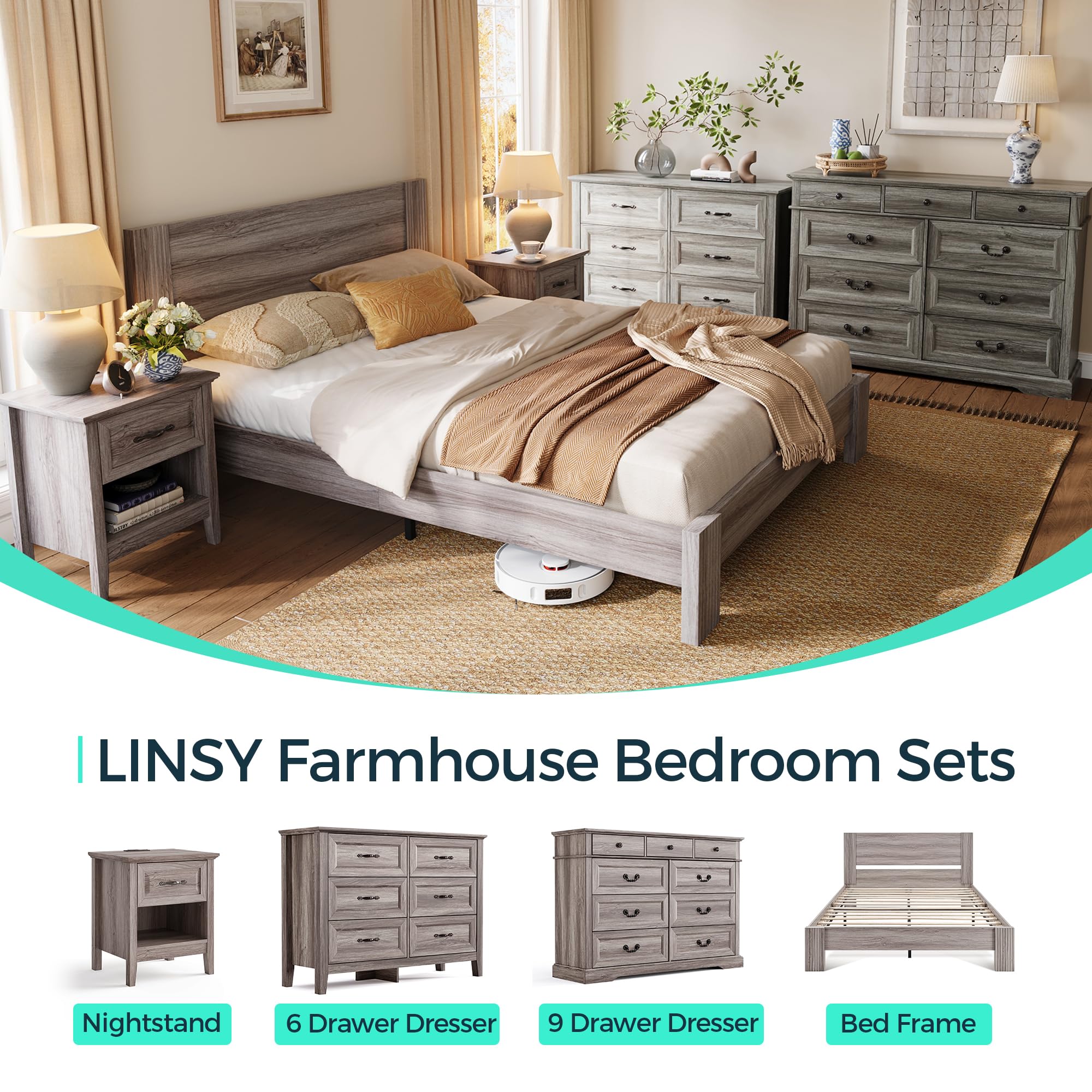 LINSY 3-Piece Farmhouse Bedroom Set - Queen Size Wood Bed Frame with Headboard & 2 Nightstands - Beige Distressed Wood Furniture for Rustic Home Decor - Perfect for Master Bedroom, Guest Room or Vacation Home