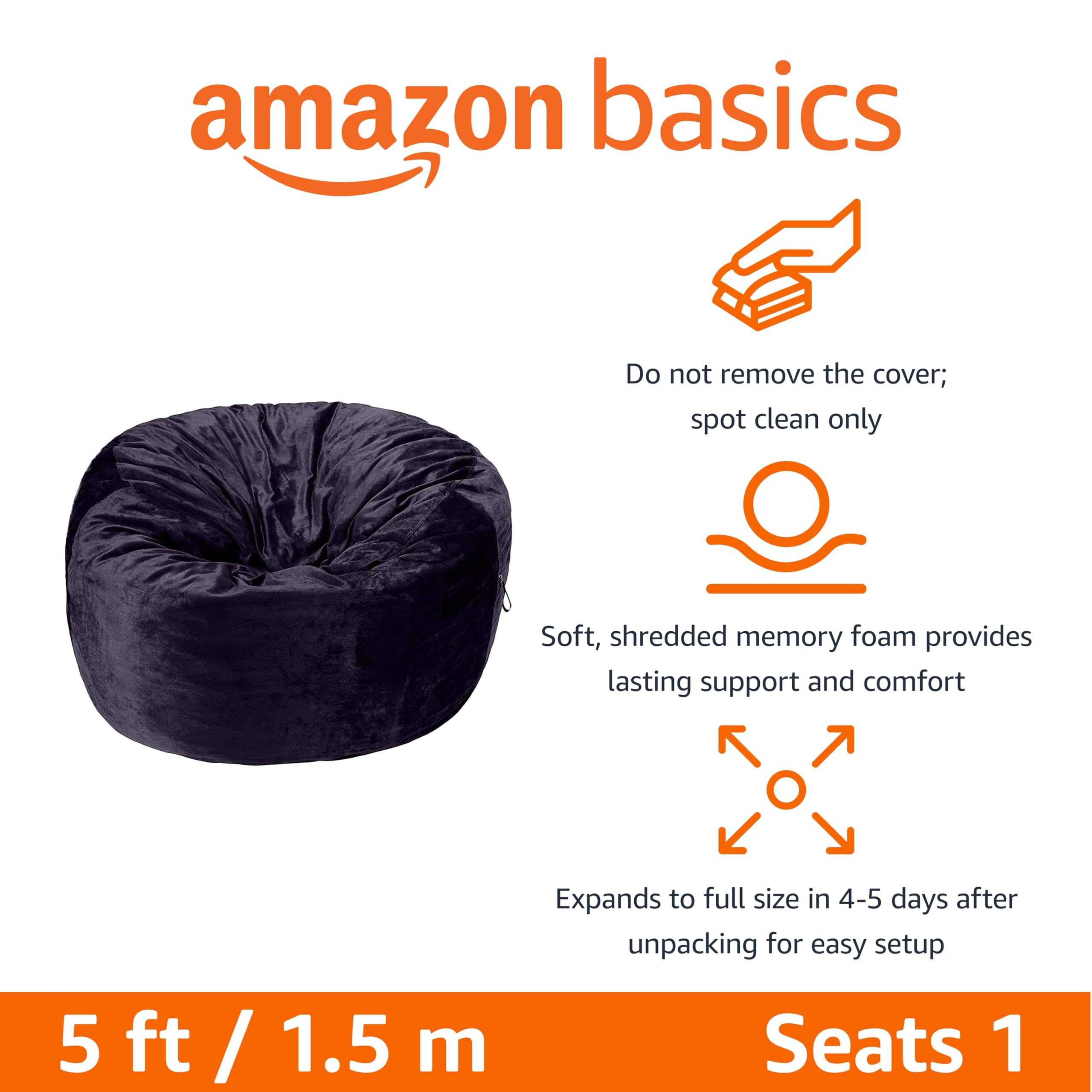 Amazon Basics Large Bean Bag Chair for Adults - 5 ft Blue Memory Foam Filled with Soft Microfiber Cover - Perfect for Living Room, Bedroom, Game Room & Dorm Relaxation