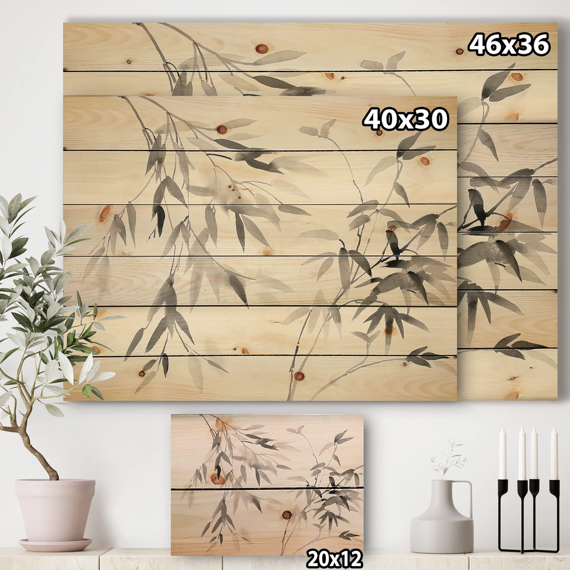 DesignQ Bamboo Leaves Farmhouse Wood Wall Decor - Black Wood Wall Art, Large Floral Wood Panels Printed on Natural Pine - Perfect for Living Room, Bedroom & Home Office Decor