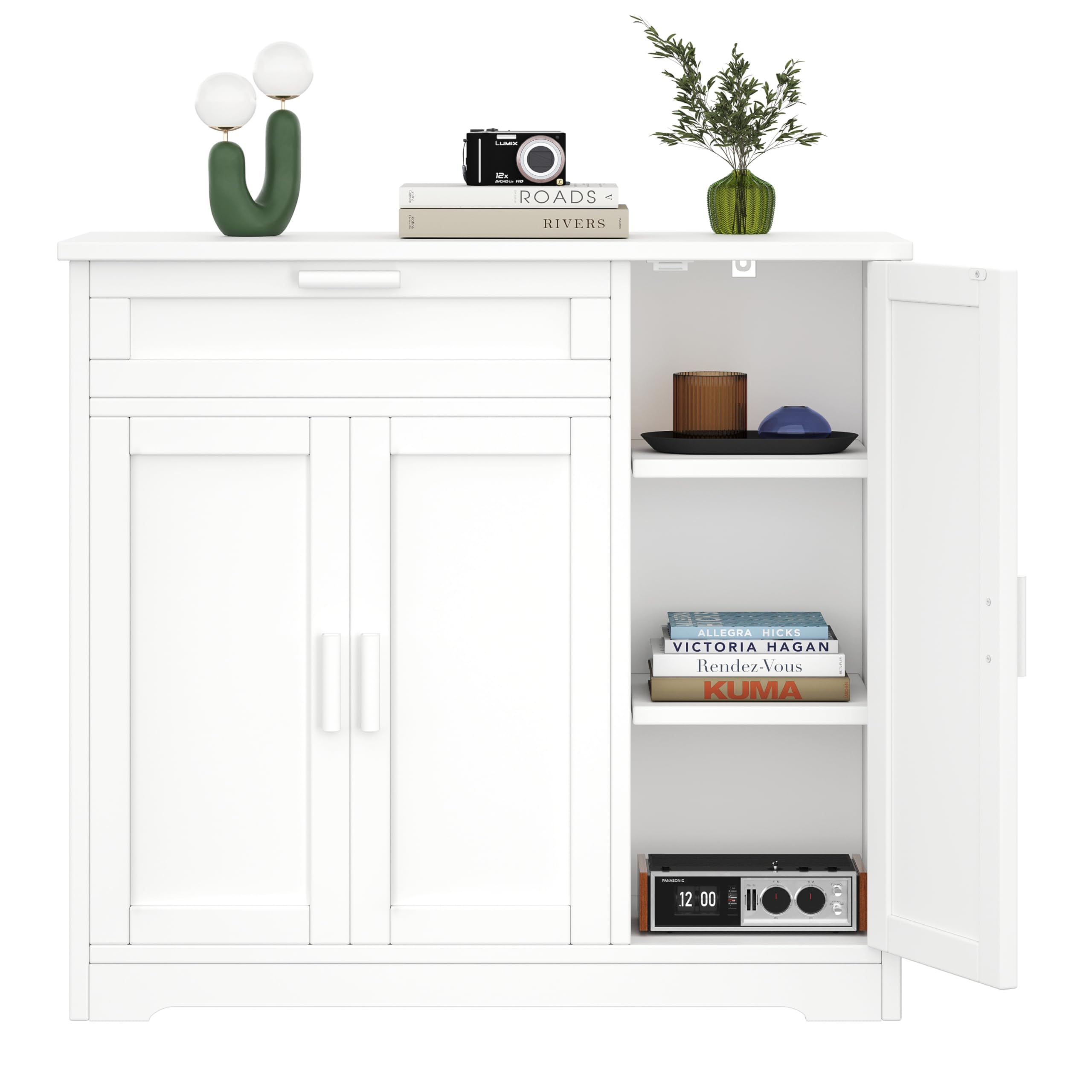 Modern Sideboard Buffet Cabinet with 3 Doors & Drawers - White Storage Cabinet with Adjustable Shelves for Kitchen, Living Room, Hallway - Perfect for Dining Room Storage, Entryway Organization & Home Decor (KES001WCWG)