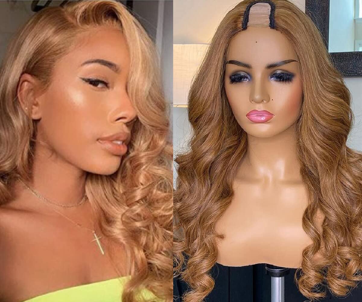 Honey Blonde U-Part Human Hair Wig for Black Women - Brazilian Remy Virgin Body Wave 18 Inch 150% Density (Color 27# Brown) | 2x4 U-Shape Clip-in Half Wig for Daily Wear, Parties & Special Occasions