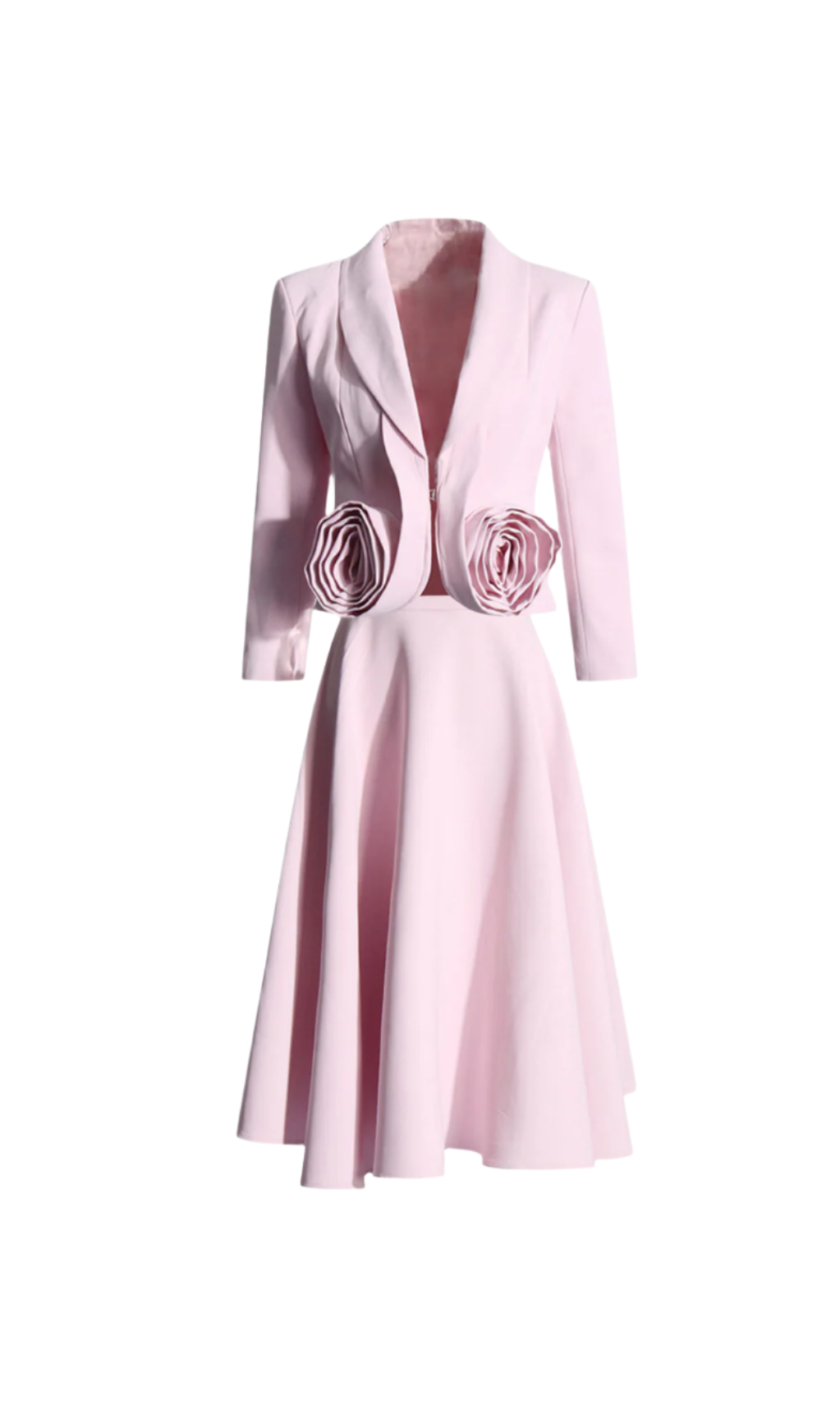 CAROL PINK 3D Floral Blazer & High Waist Midi Skirt Set for Women - Elegant Two Piece Outfit for Office, Wedding & Special Occasions