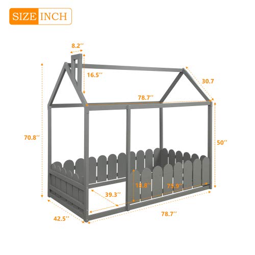 Wooden Twin Bed Frame with Safety Fence - Cabin Style Floor Bed for Kids, Nursery Furniture & Play Tent (Gray) | Perfect for Toddler Rooms, Montessori Bedrooms & Cozy Play Areas