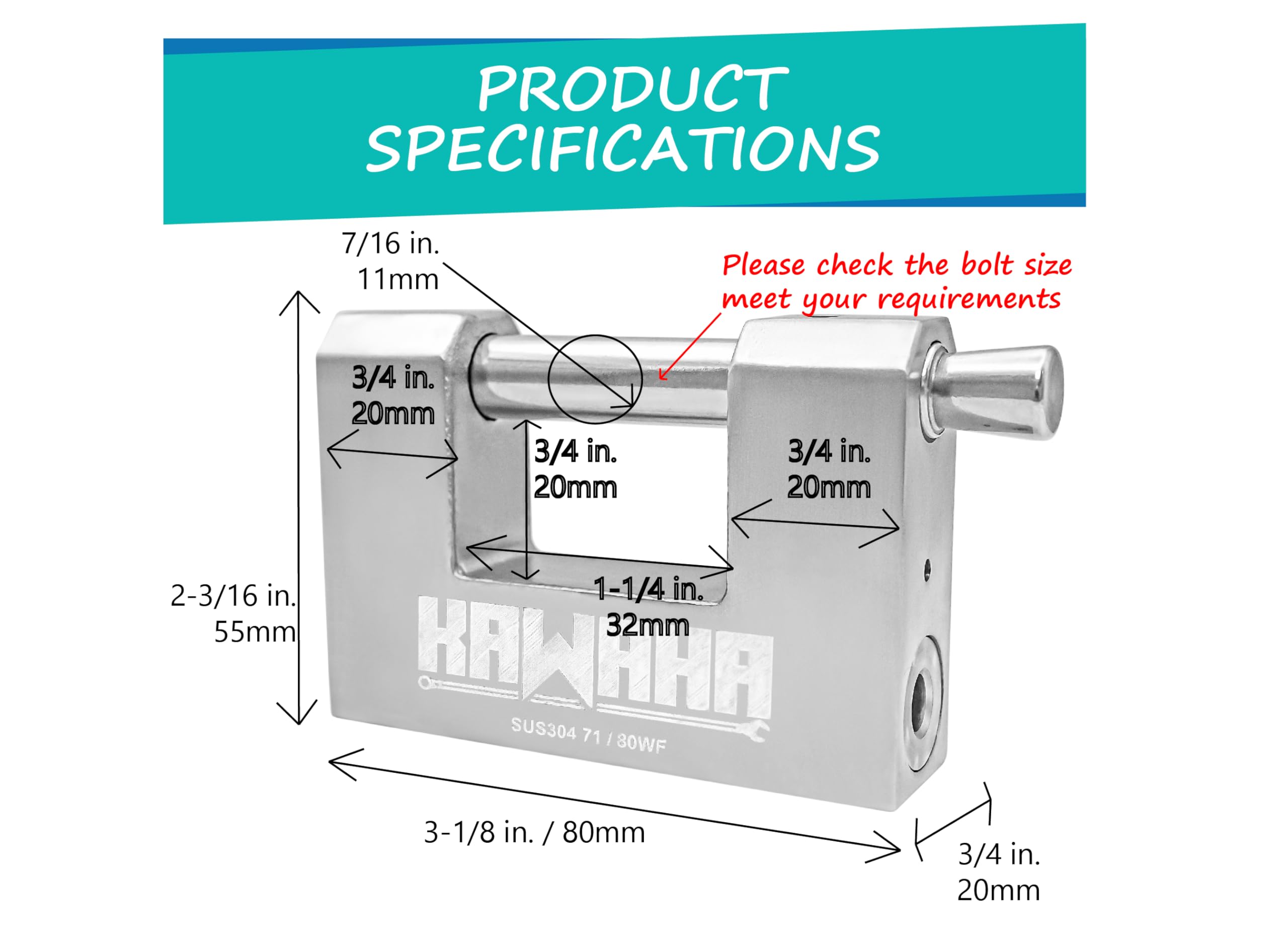KAWAHA 71/80-4PS Heavy Duty Stainless Steel D-Shaped Padlock with 2 Keys - Secure Garage Doors, Storage Containers, Sheds, Lockers & Warehouses (3-1/8 Inch, 4-Pack Keyed Alike) - Ideal for Outdoor Use, Industrial Security & Weatherproof Protection